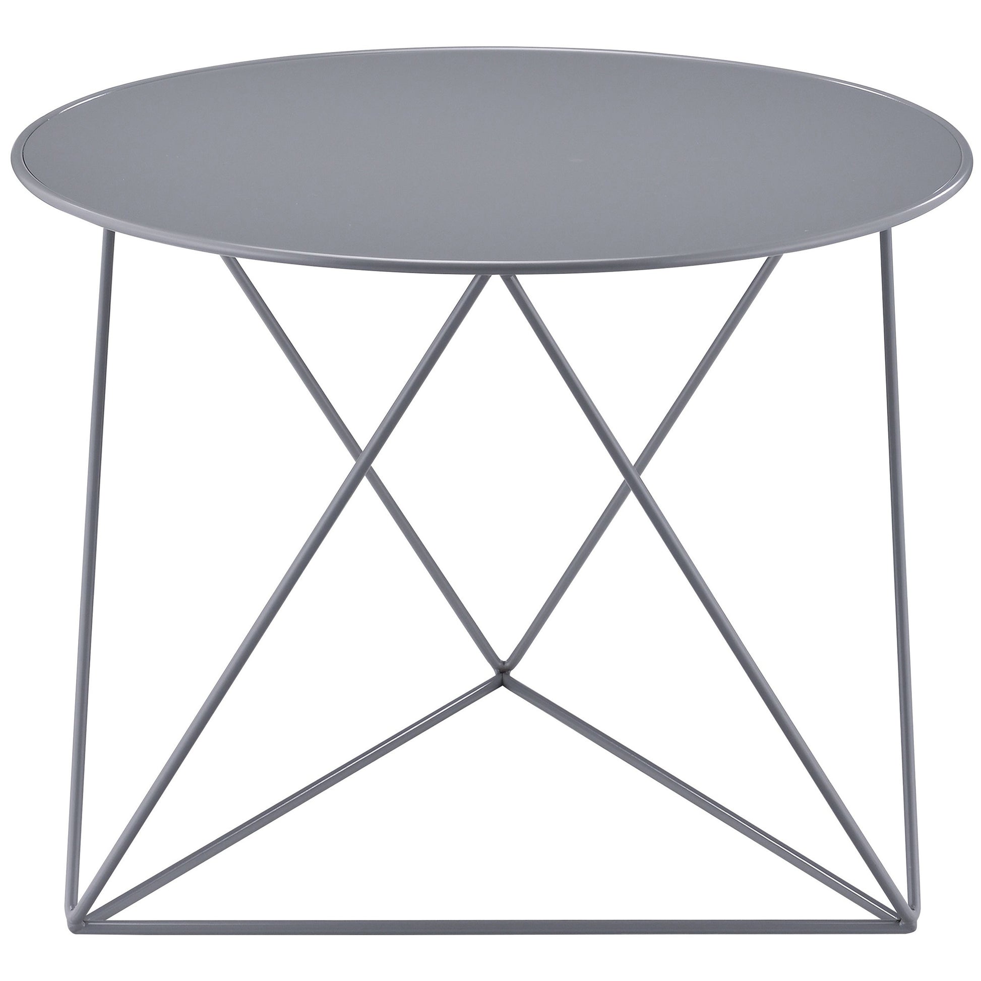 Minimalist grey round metal side table with geometric wire base perfect for modern living rooms