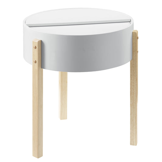 White round accent table with wooden legs and mirrored top accent