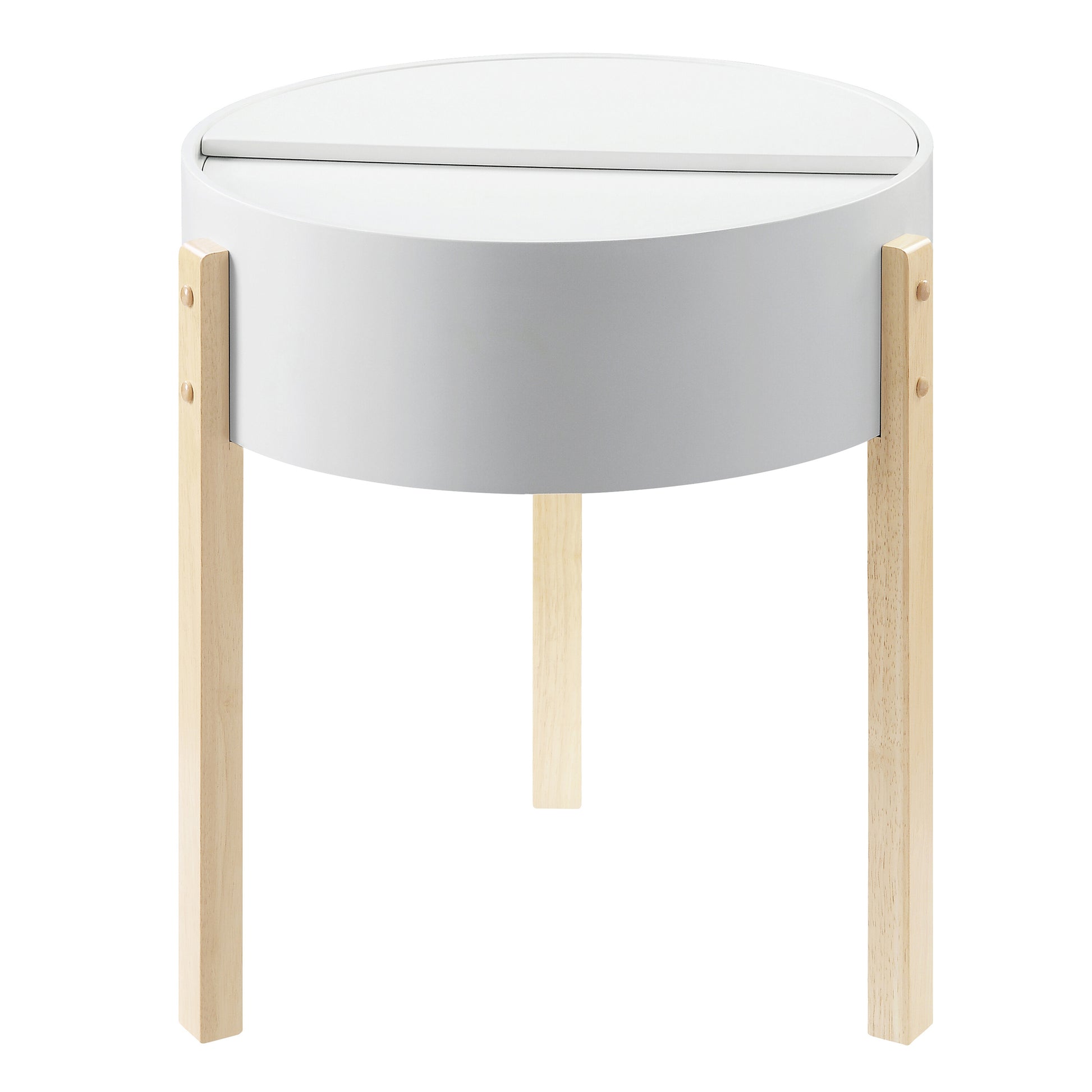 White round end table with natural wood legs perfect for modern living spaces
