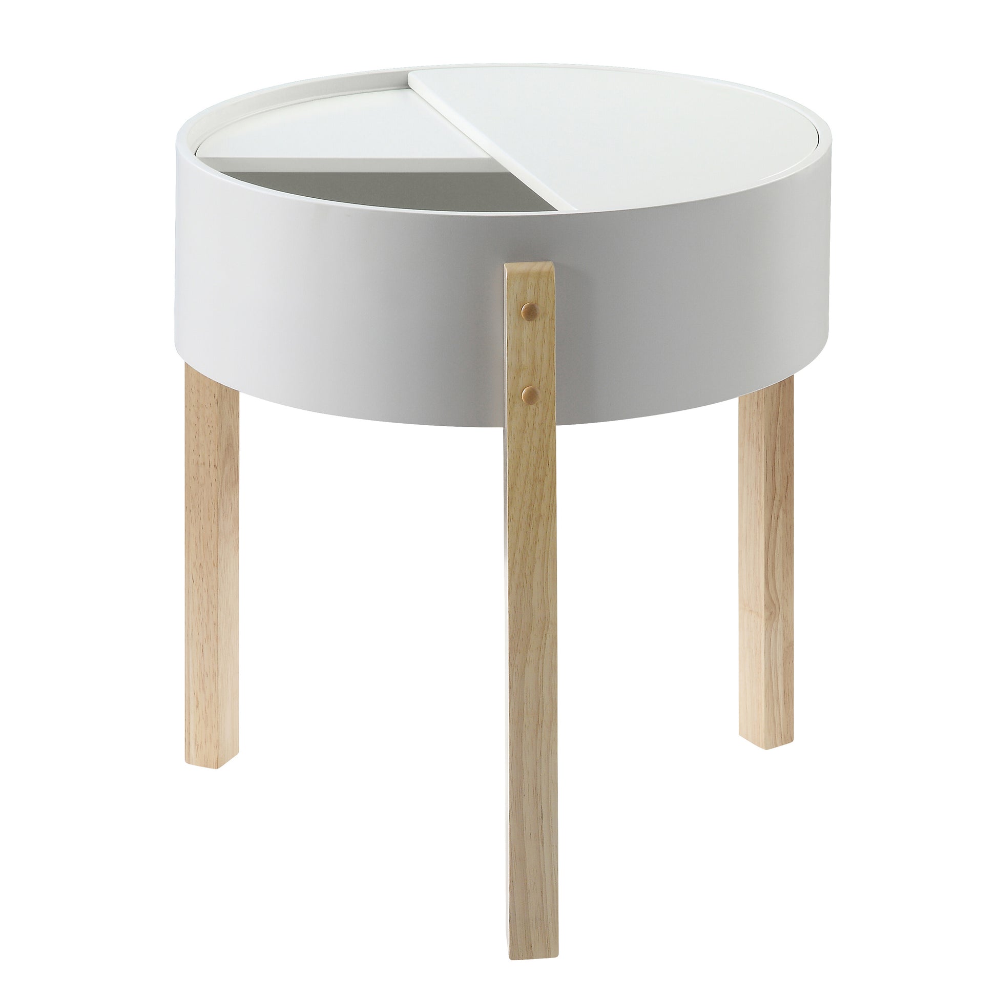 Modern white round side table with split top and light wood legs