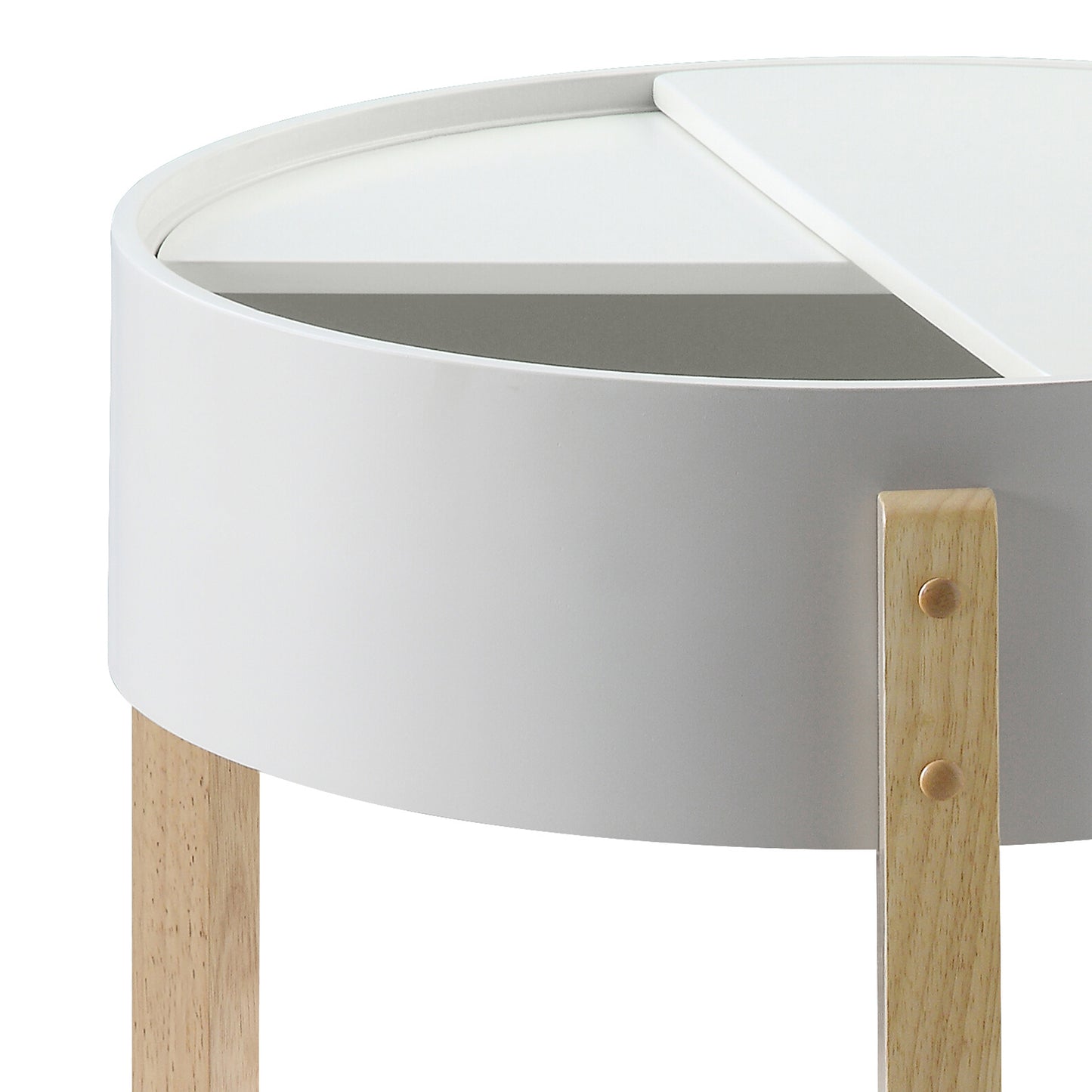 Minimalist white round side table with natural wood legs and a modern segmented top