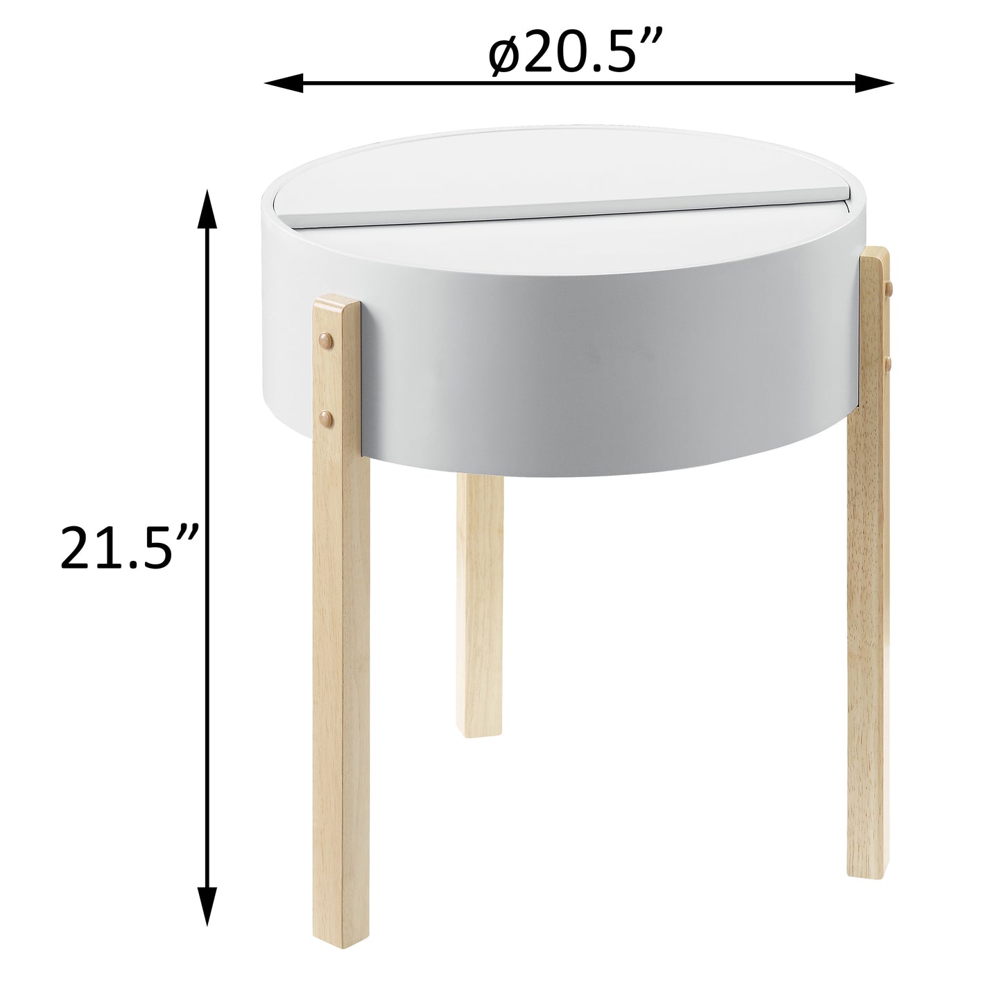 White round bedside table with tapered wooden legs and clean lines