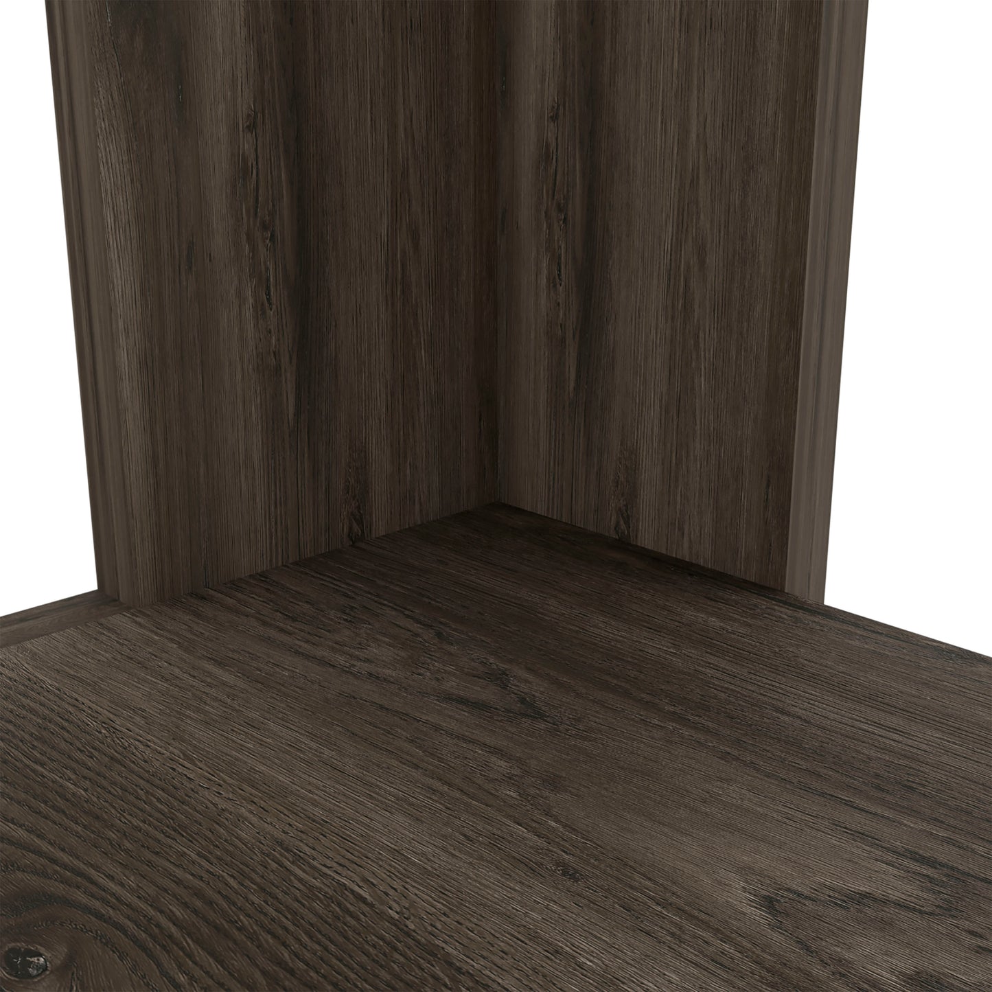 Dark walnut wood grain texture corner detail on shelving unit