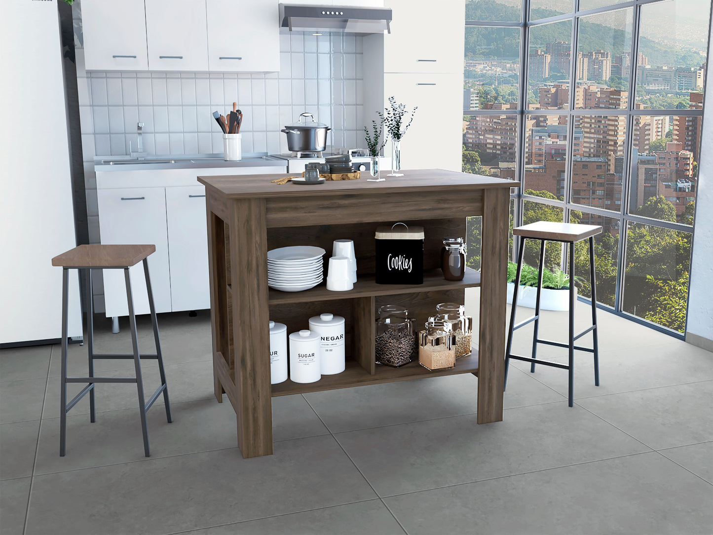 Dark brown wood kitchen island with open shelving and two stools