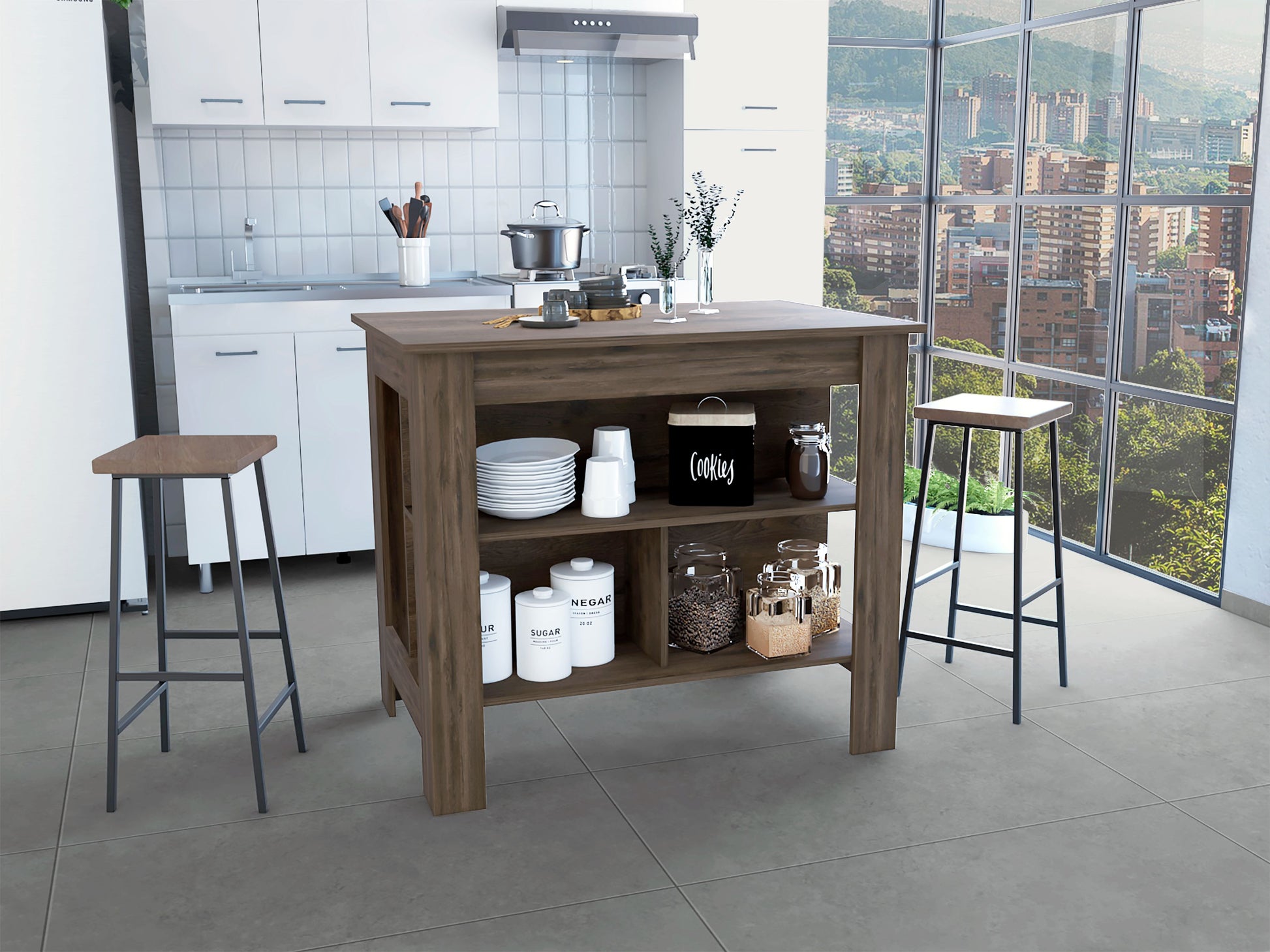 Dark brown wood kitchen island with open shelving and two stools