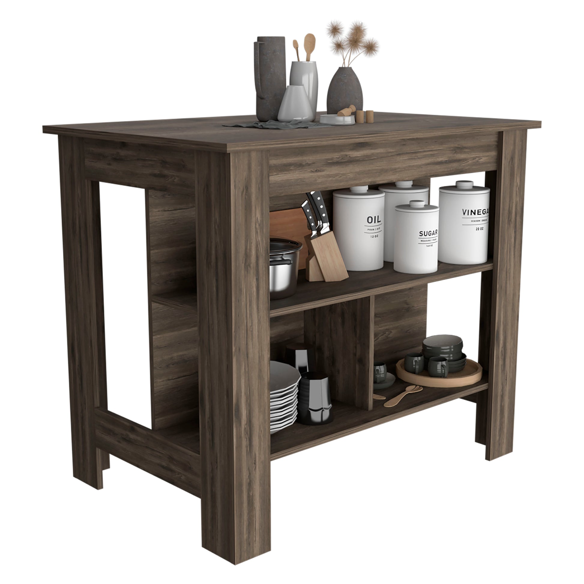 Dark wood kitchen island with open shelves holding cookware and dishes