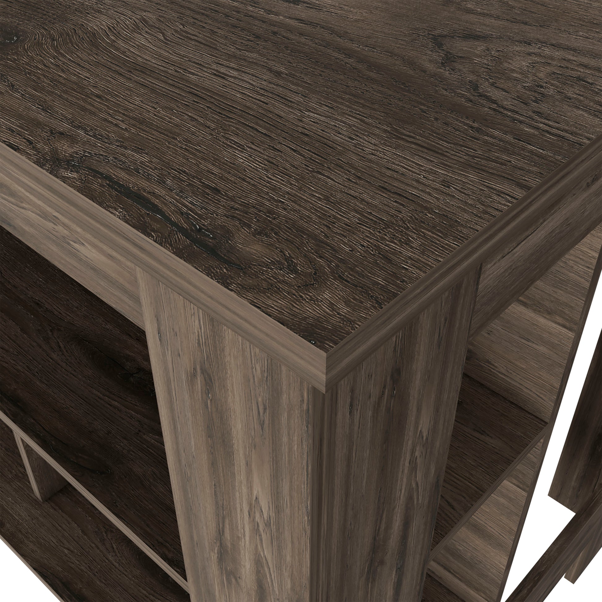 Dark wood veneer entertainment center shelves detail