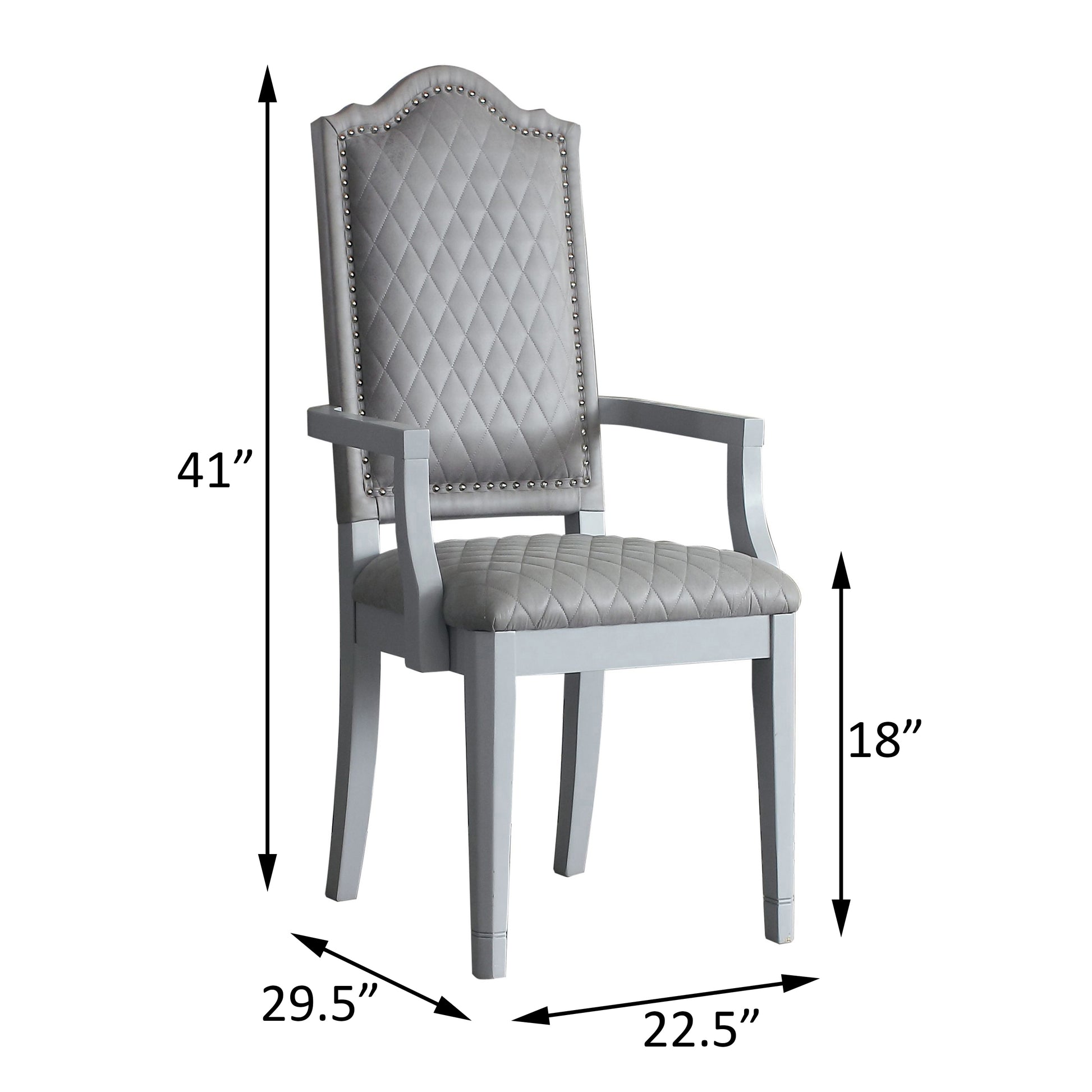 Elegant grey upholstered dining chair with diamond tufting and nailhead trim accents