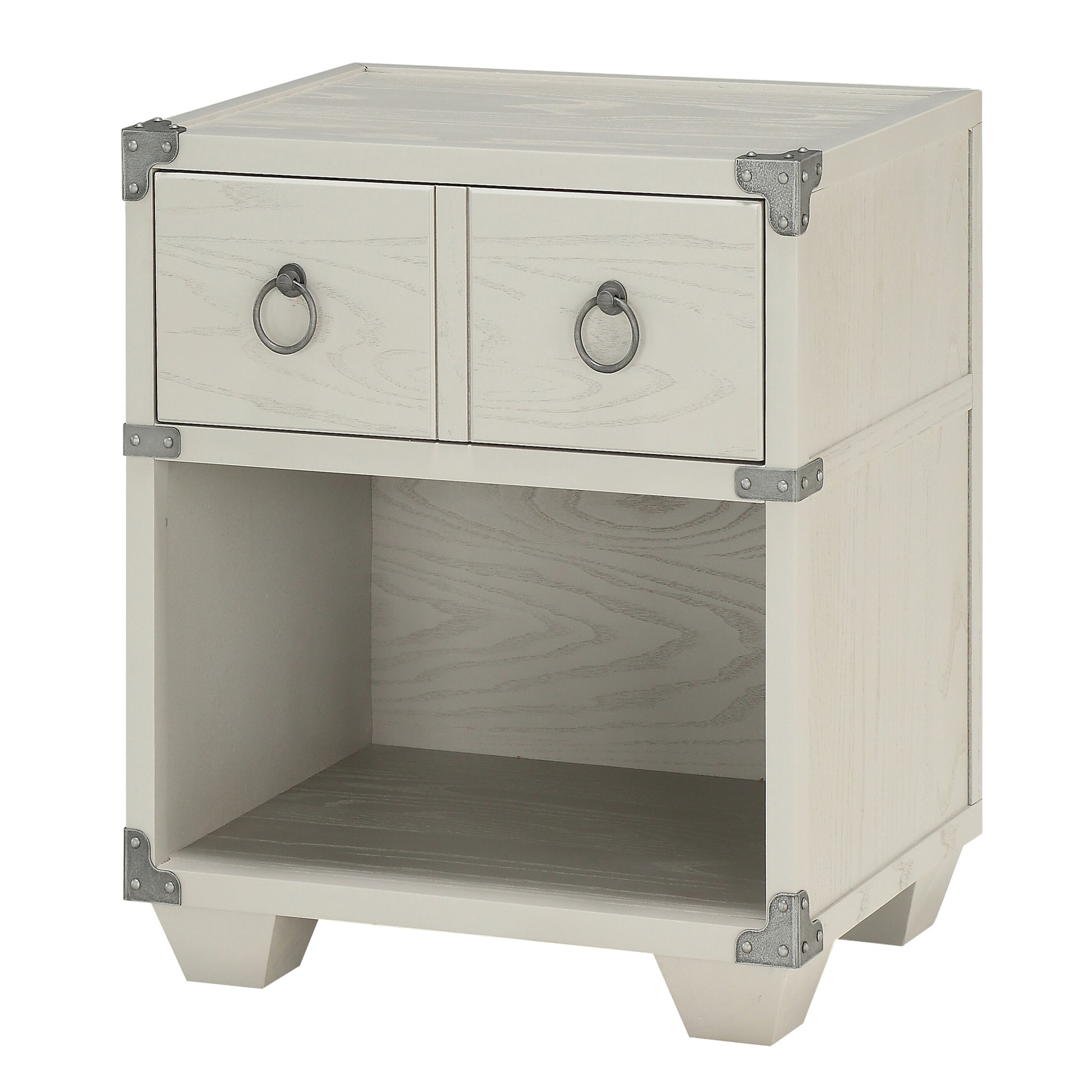 Whitewashed wood bedside table with two drawers and open shelf