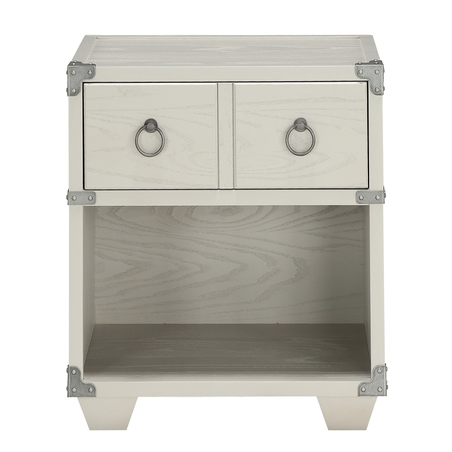 Offwhite wooden nightstand with two drawers featuring ring pulls and metal corner accents