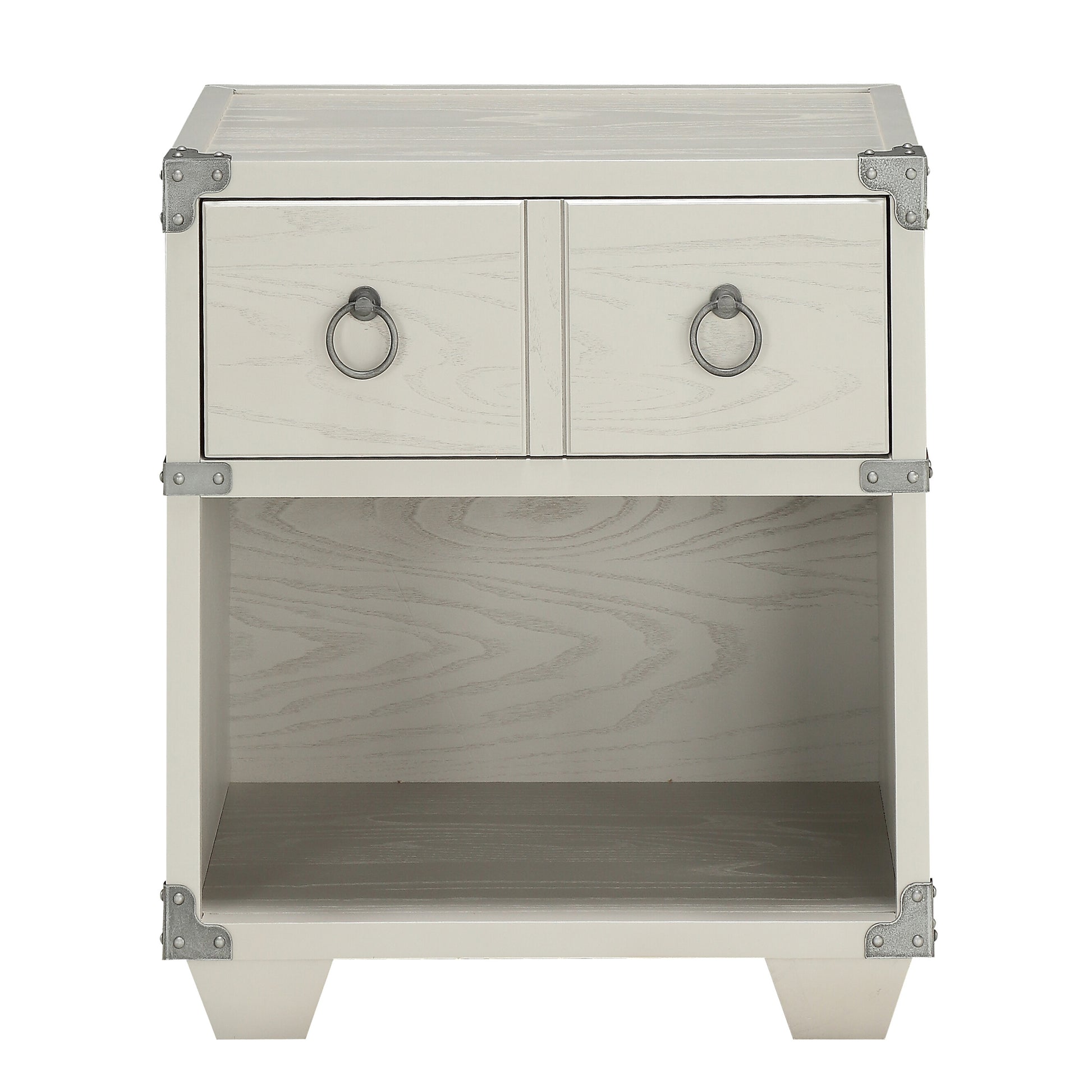 Offwhite wooden nightstand with two drawers featuring ring pulls and metal corner accents