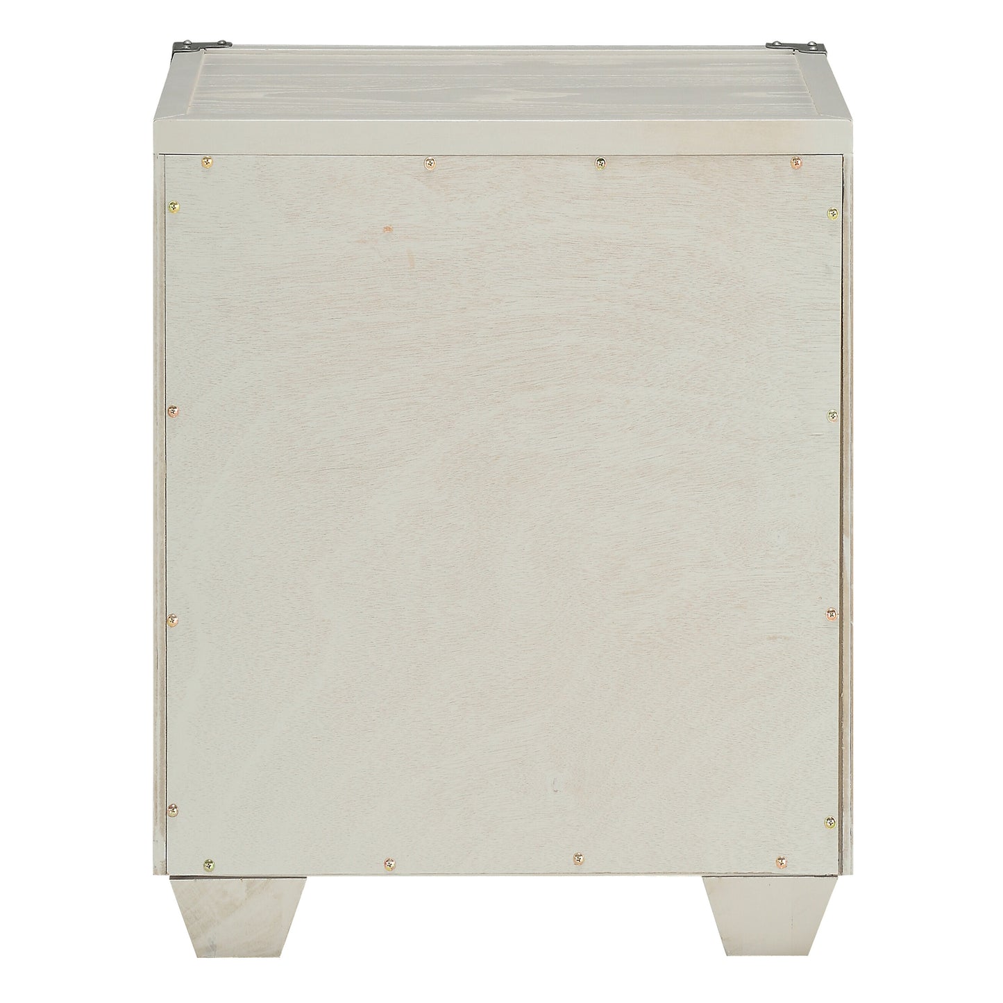 White wash wood bedside table back view with decorative metal corner accents