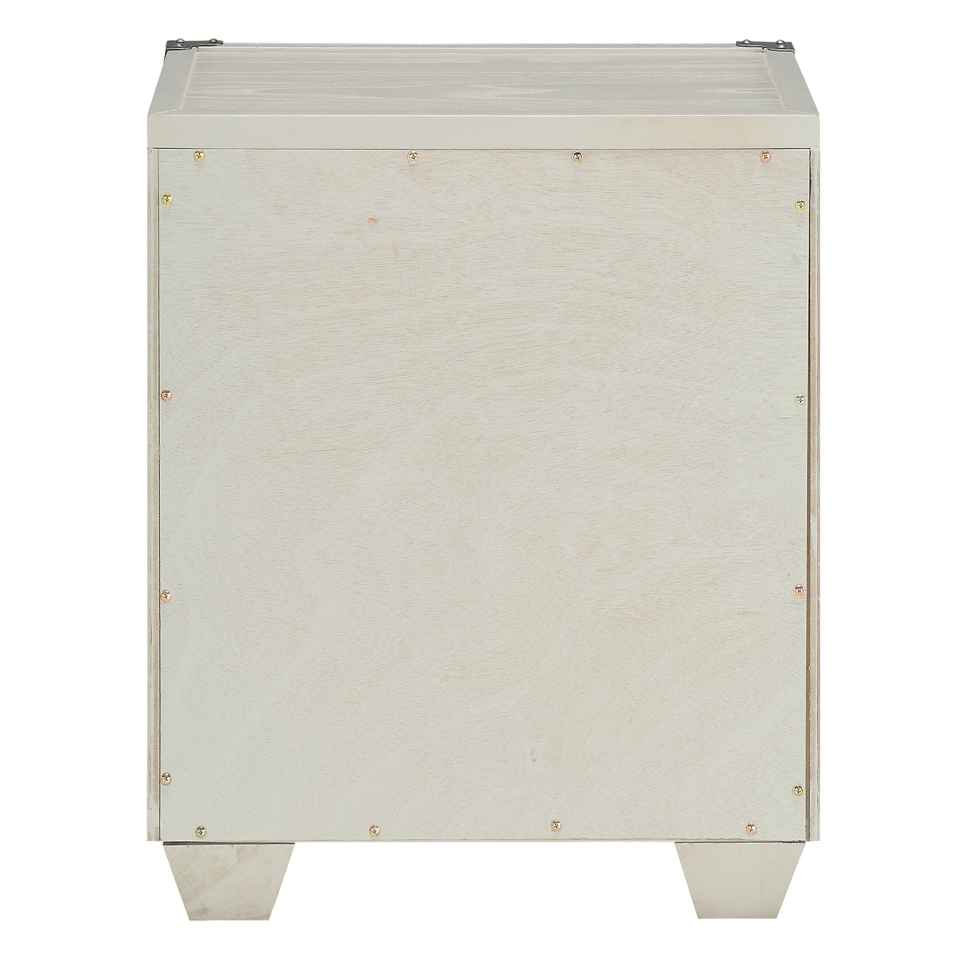 White wash wood bedside table back view with decorative metal corner accents