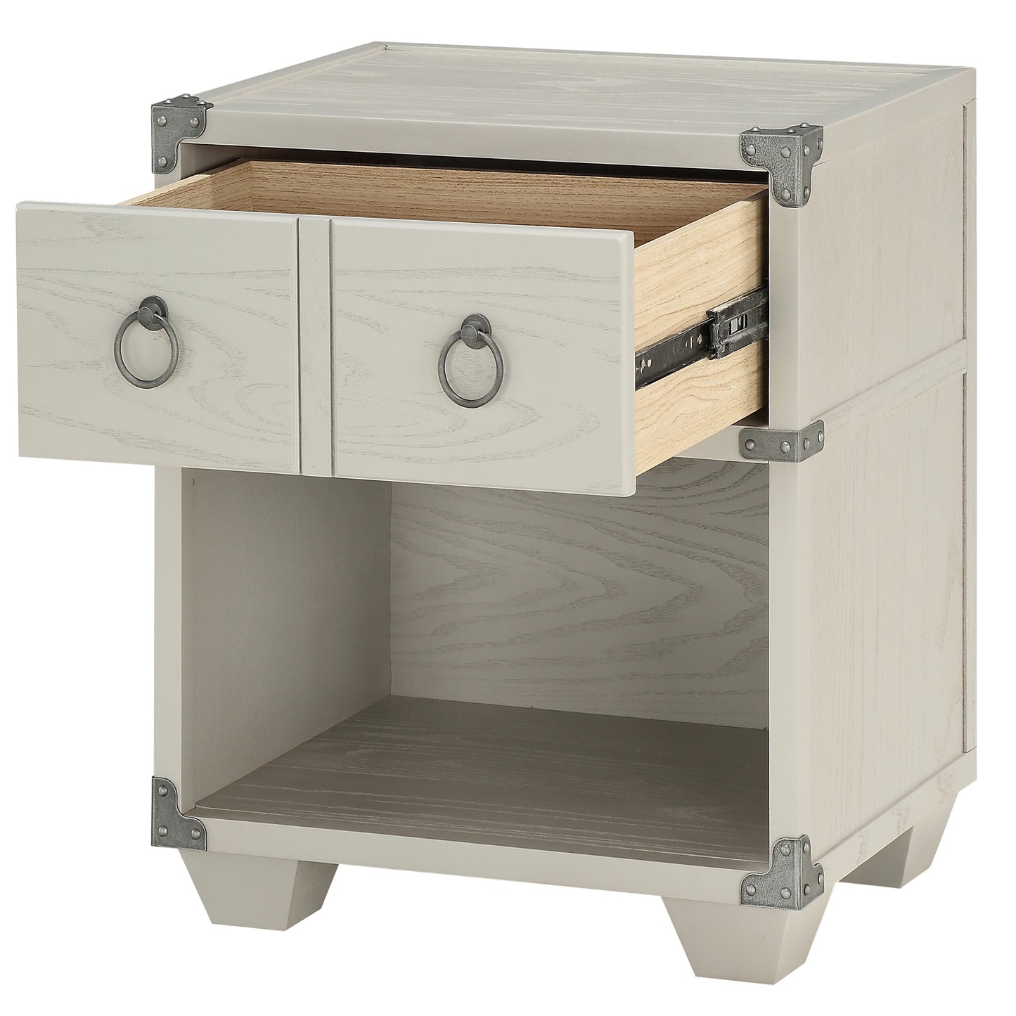 White washed wood nightstand with two ring pull drawers and metal corner accents