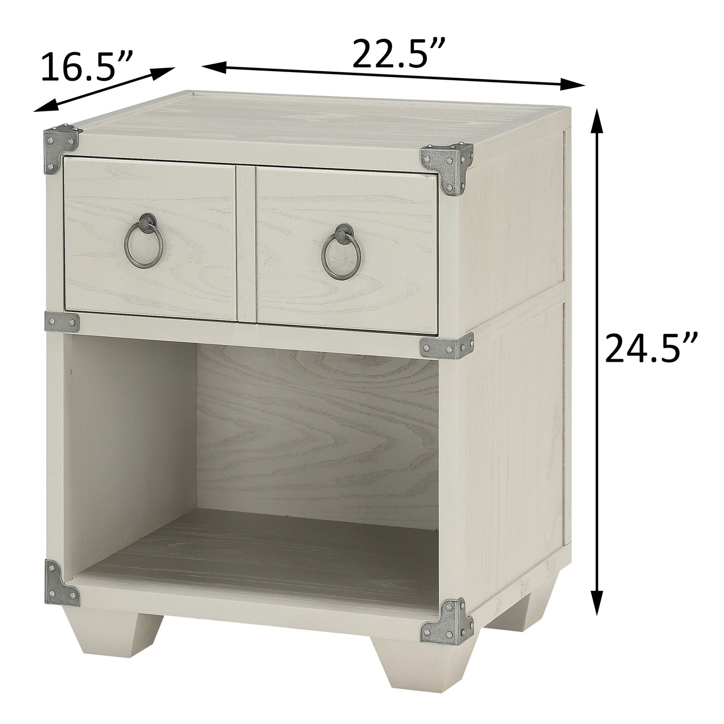 Light beige wood nightstand with two drawers metal ring pulls and open shelf