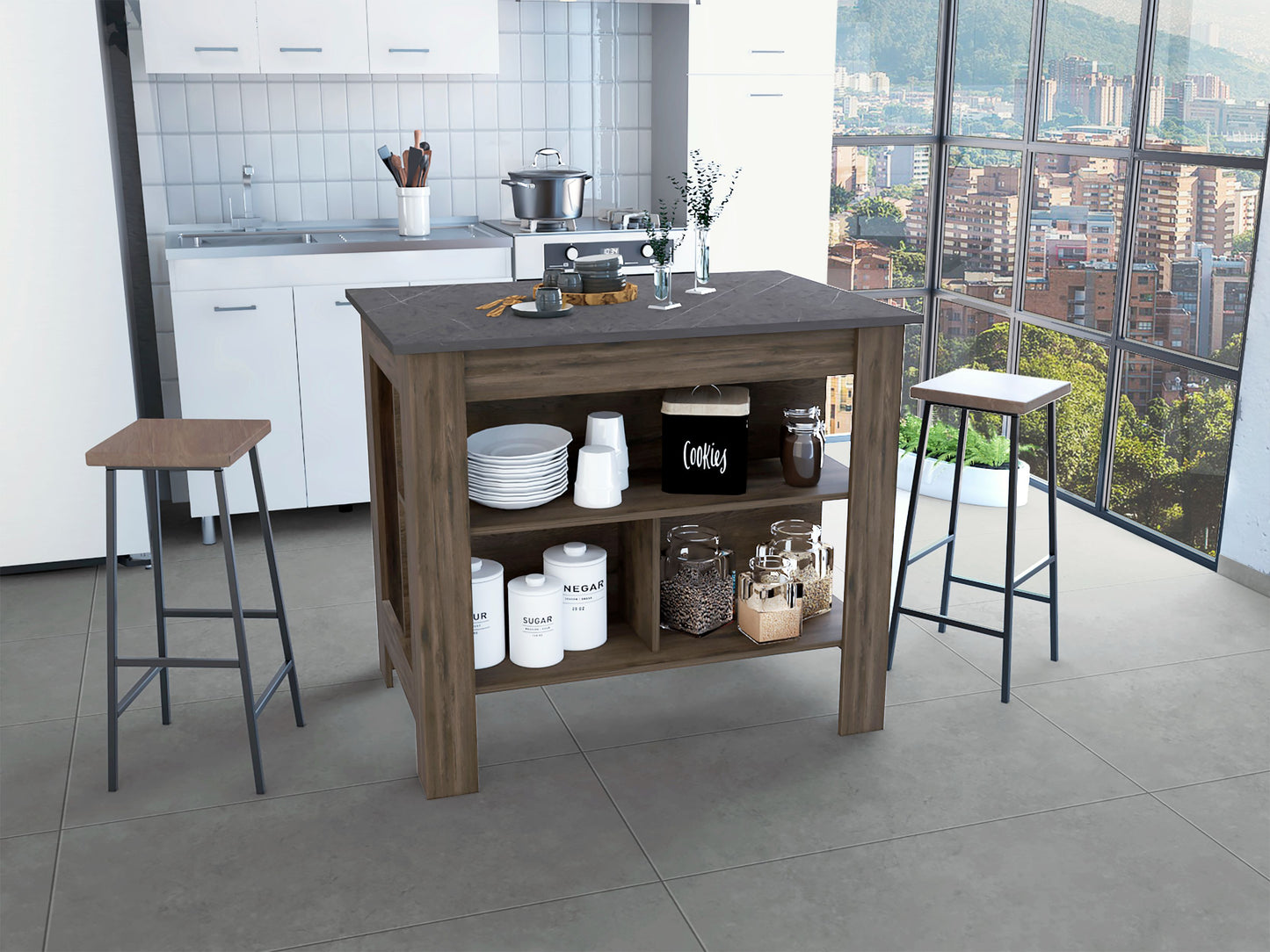 Rustic wood kitchen island with gray countertop and open shelving