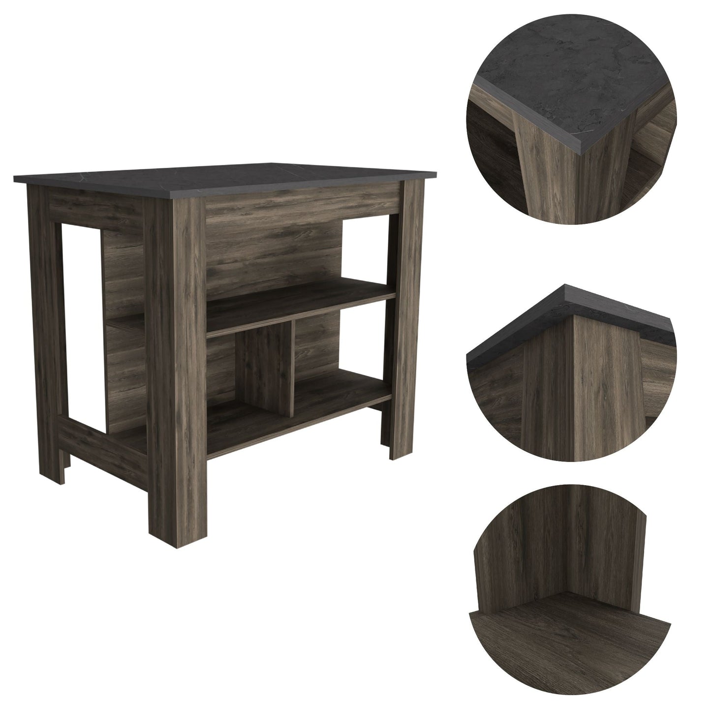 Rustic wood kitchen island with dark stone countertop