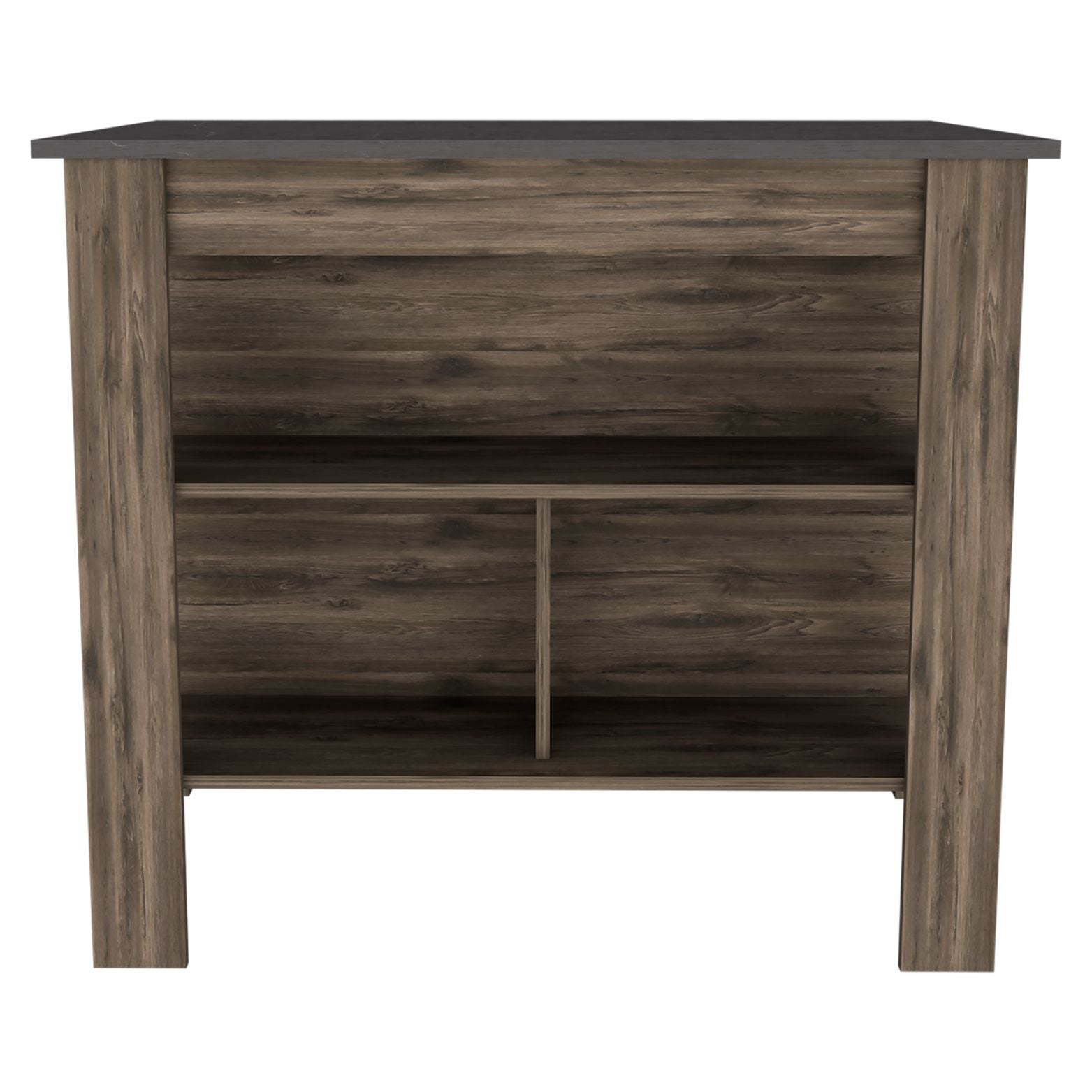 Rustic oak wood console table with dark grey top and open shelving