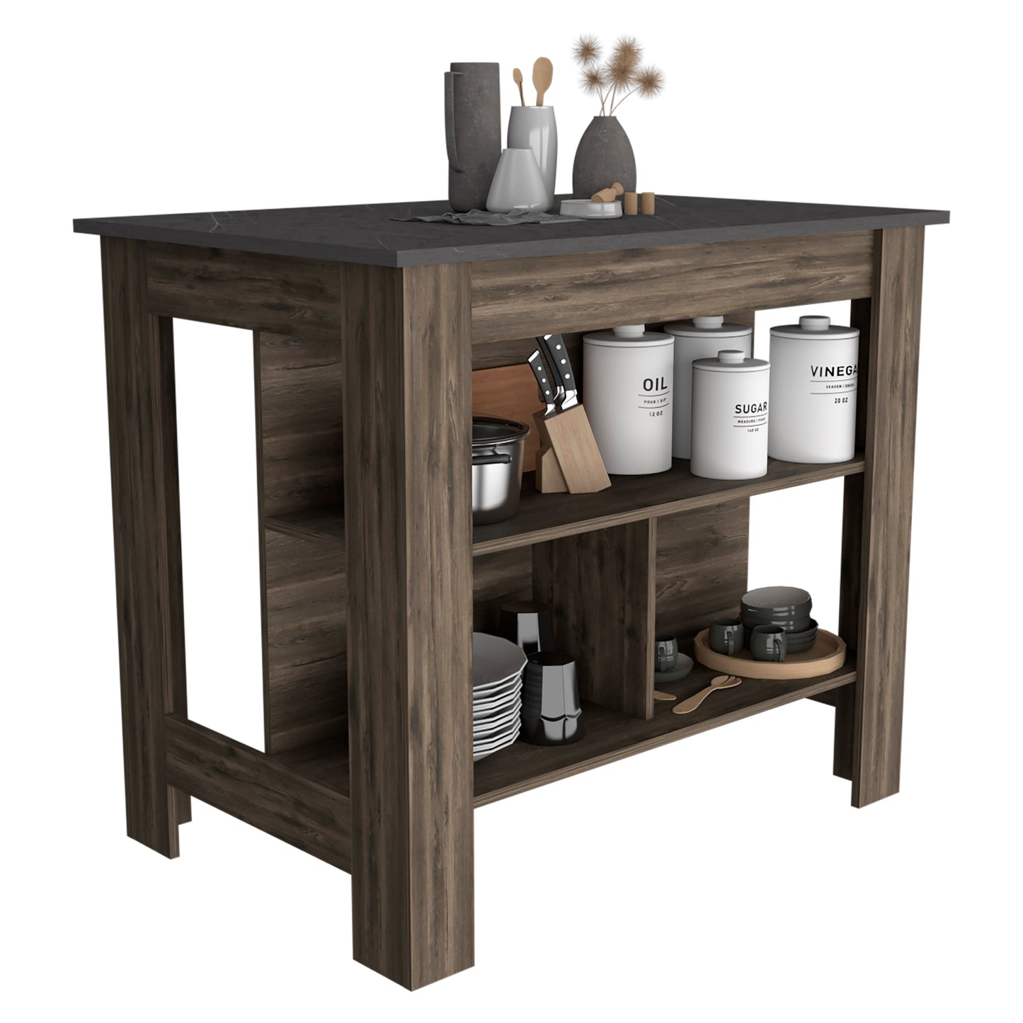 Dark wood kitchen island with marble countertop and storage shelves