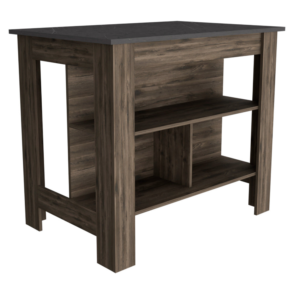 Dark wood kitchen island with open shelving and black stone countertop
