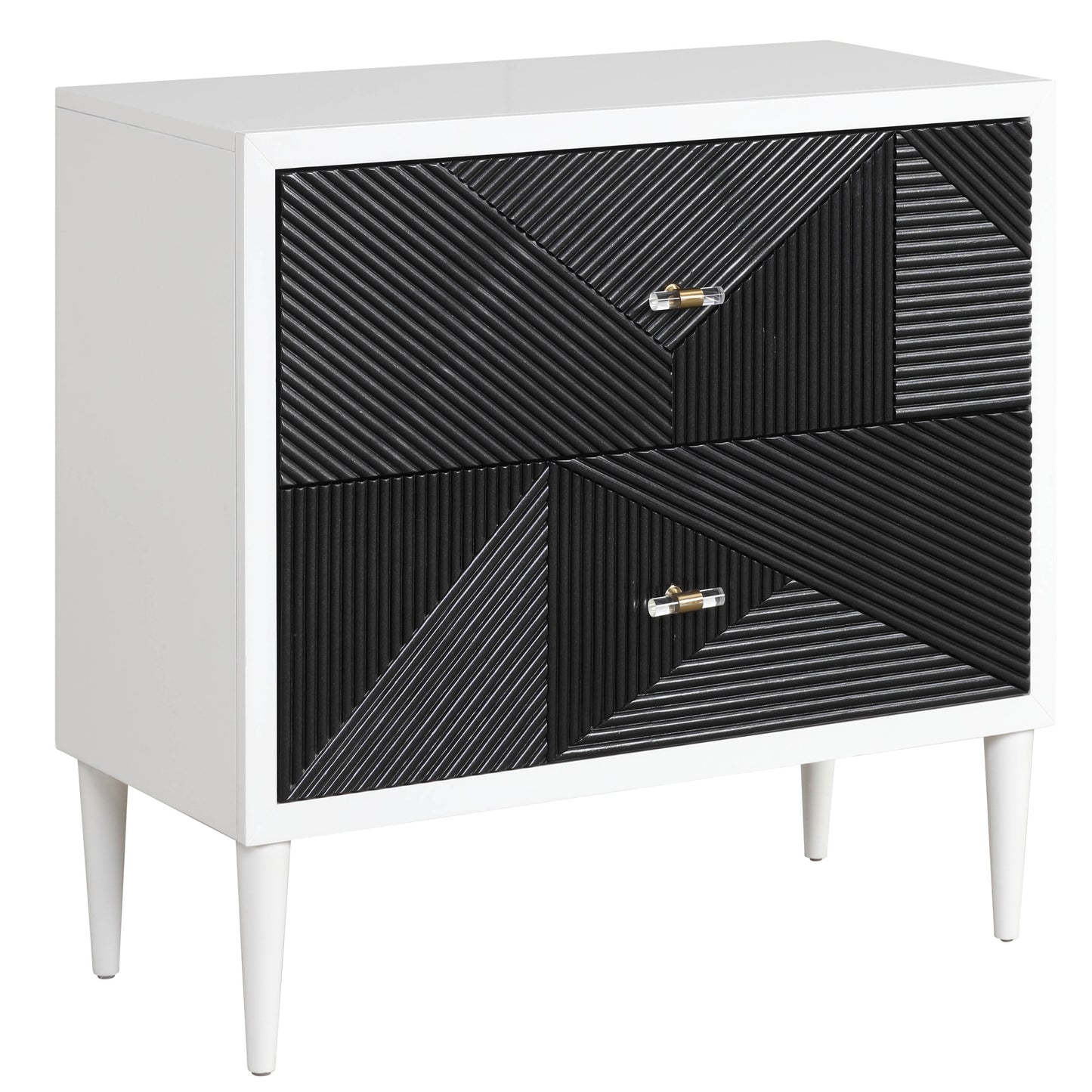 Modern white nightstand with black geometric ribbed drawer fronts and gold crystal knobs