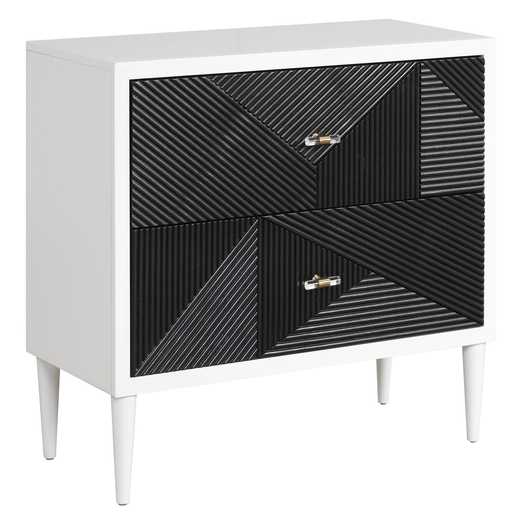Modern white nightstand with black geometric ribbed drawer fronts and gold crystal knobs