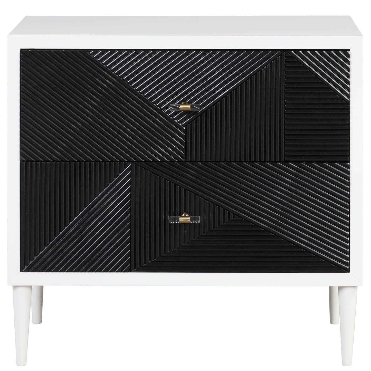 White and black geometric pattern accent chest with brass and clear acrylic pulls