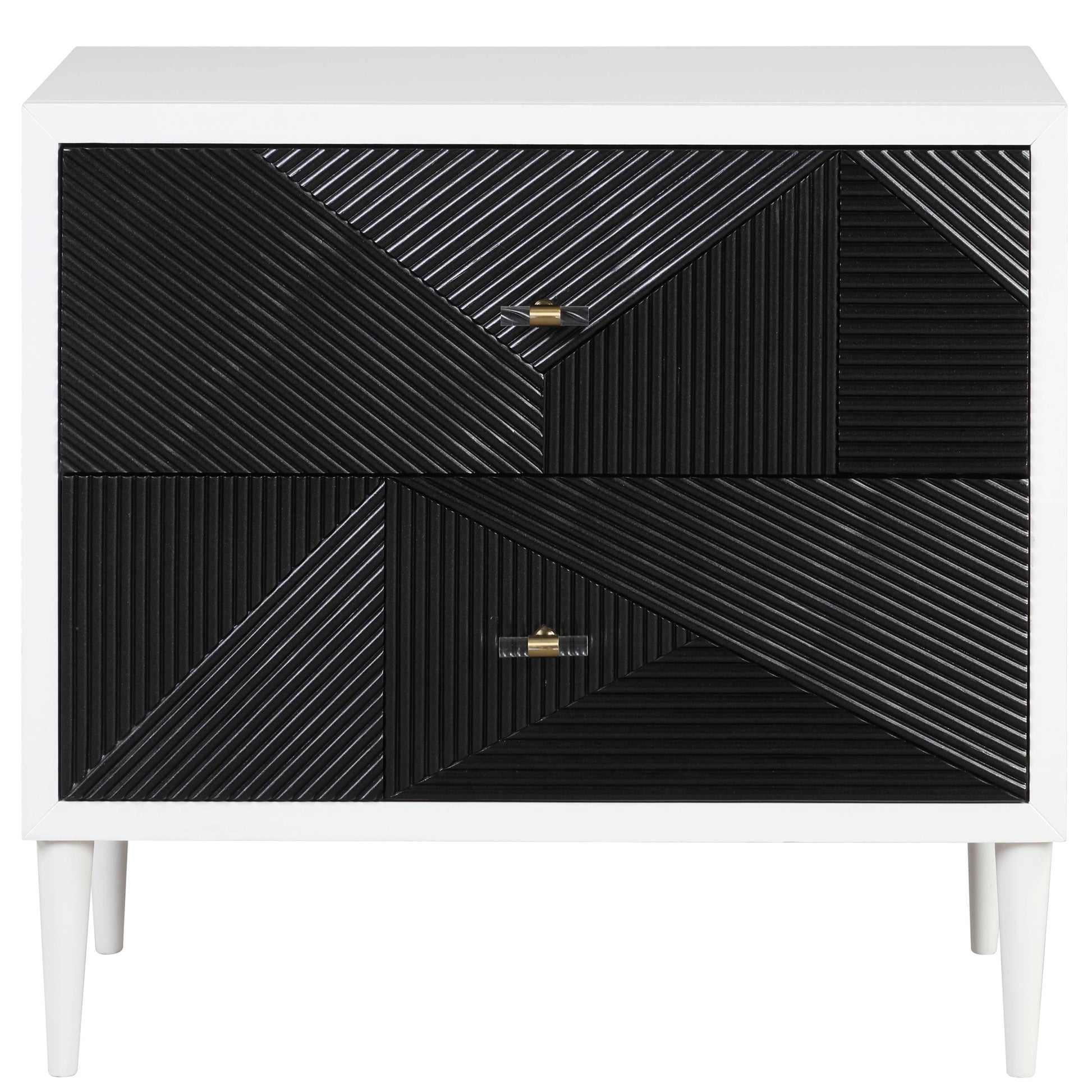 White and black geometric pattern accent chest with brass and clear acrylic pulls