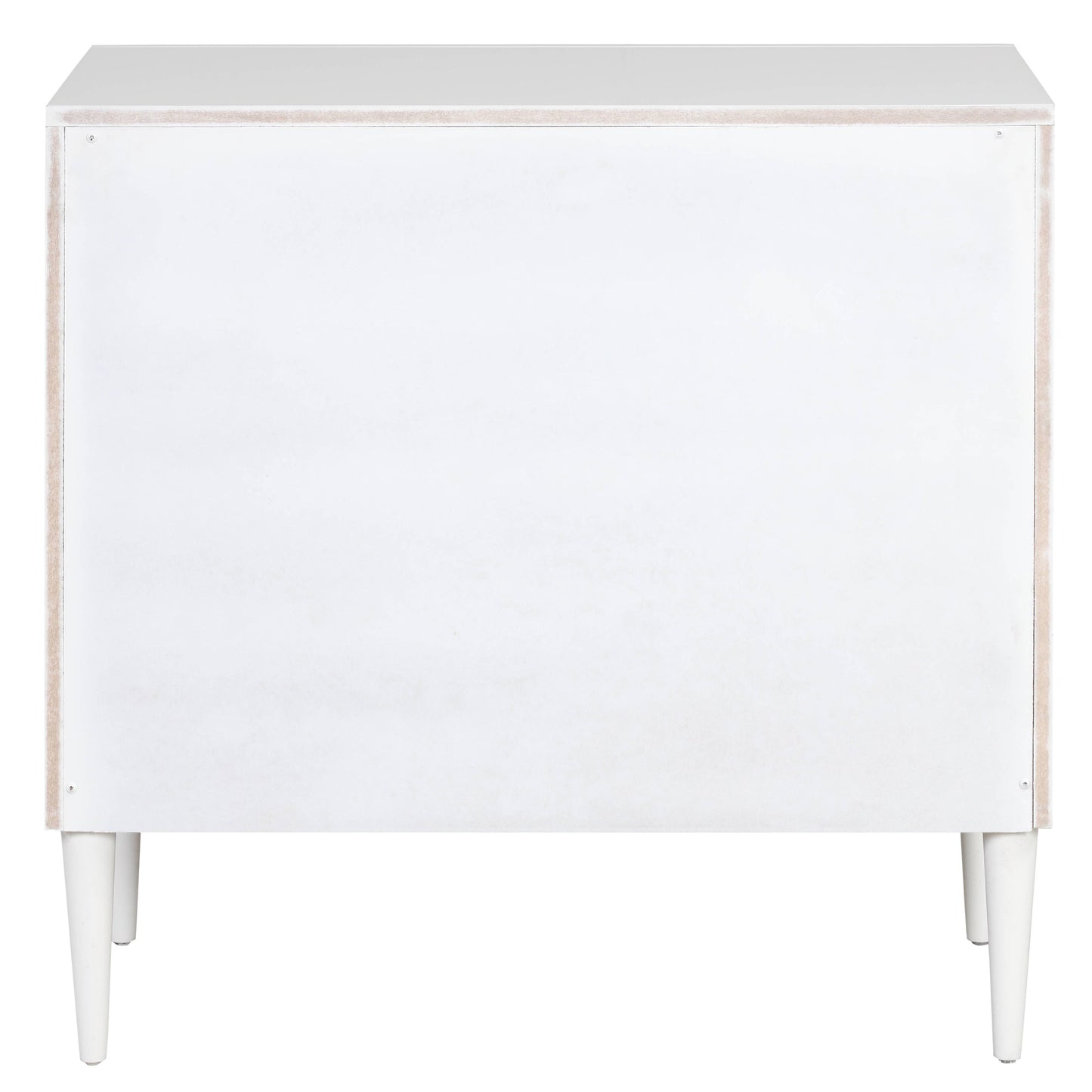 White minimalist sideboard back view with tapered wooden legs