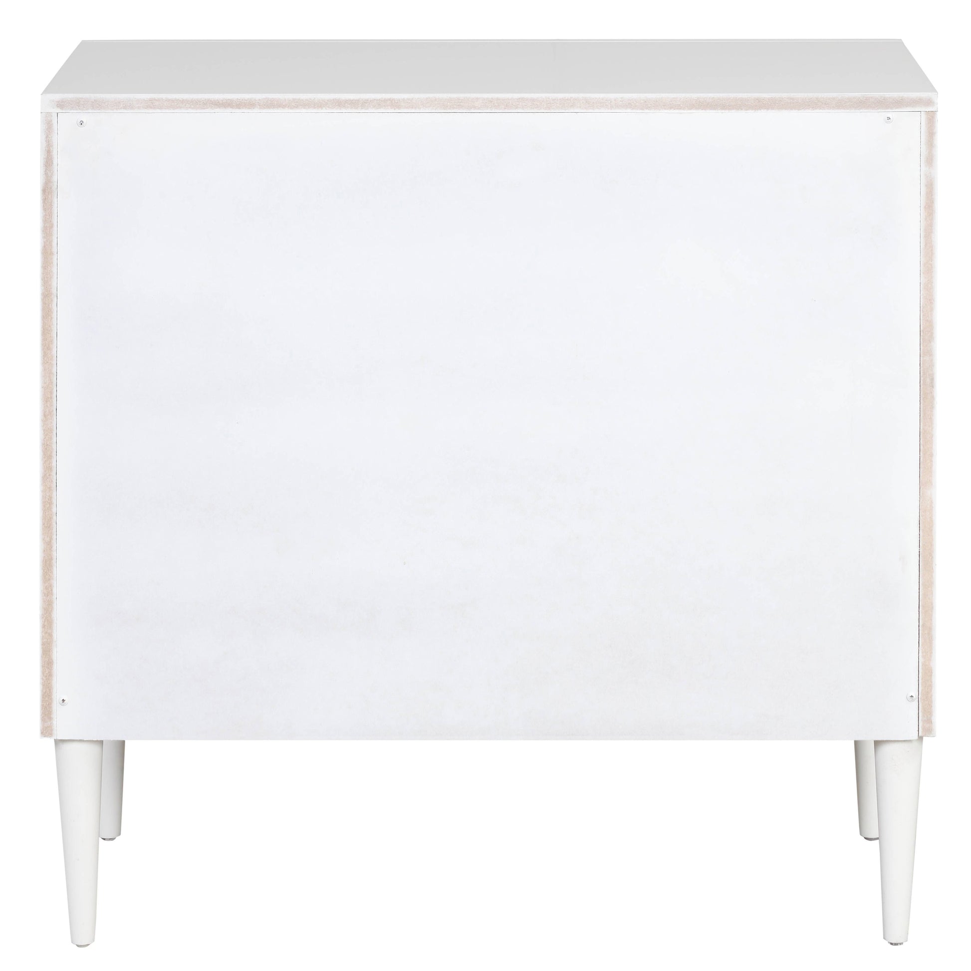 White minimalist sideboard back view with tapered wooden legs