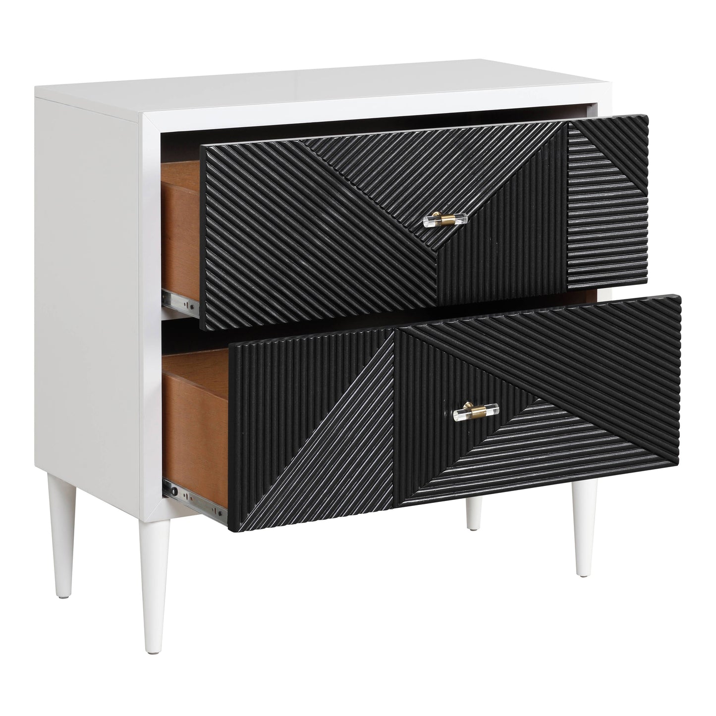 White midcentury modern nightstand with textured black drawer fronts and brassglass knobs