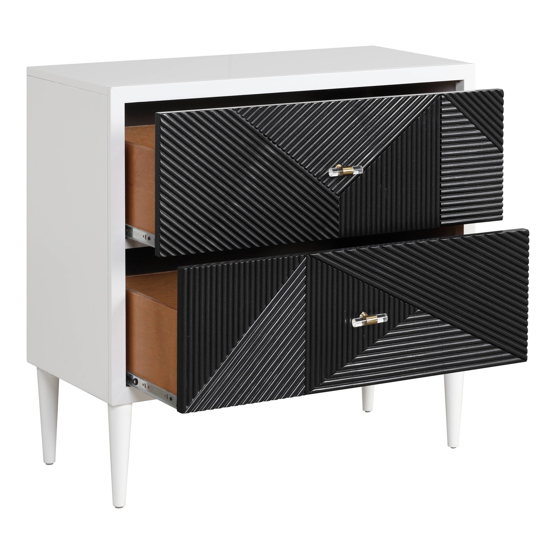 White midcentury modern nightstand with textured black drawer fronts and brassglass knobs