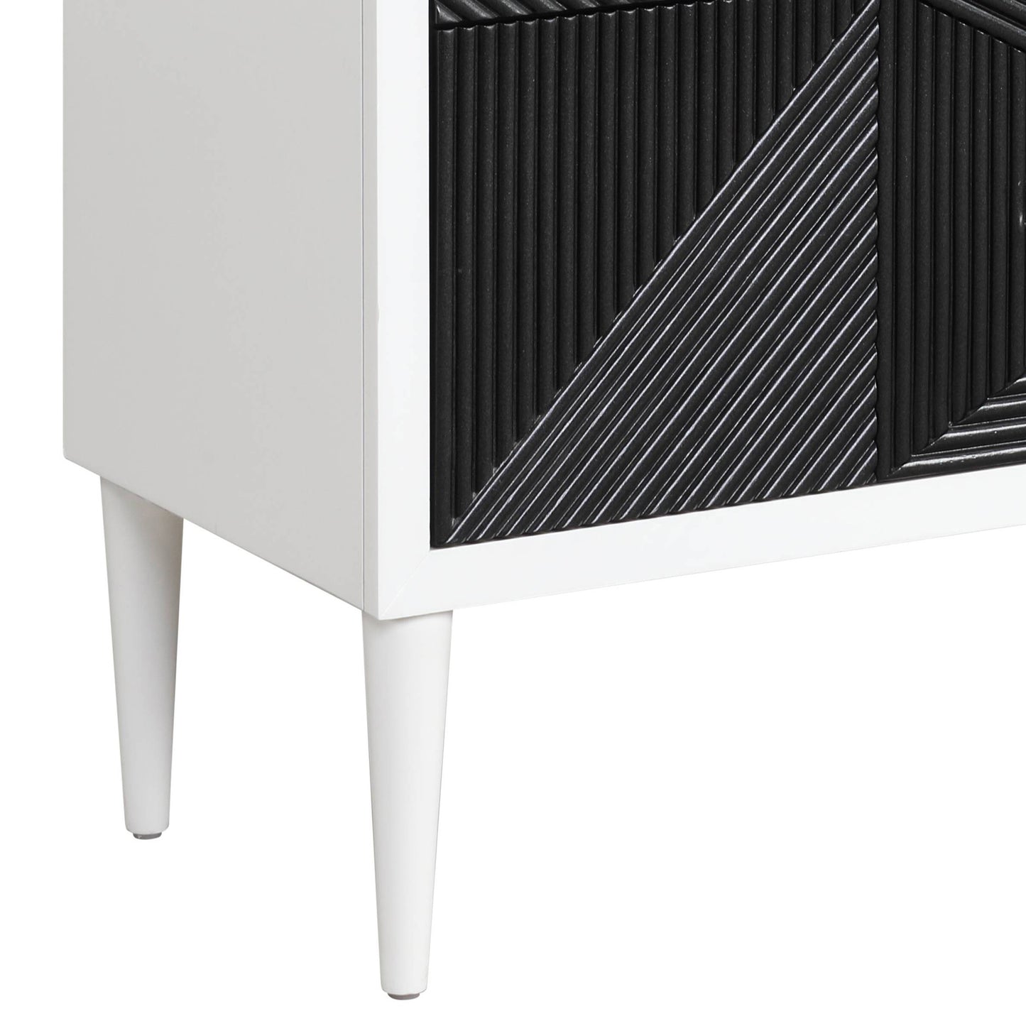 White cabinet with black geometric textured front midcentury modern style