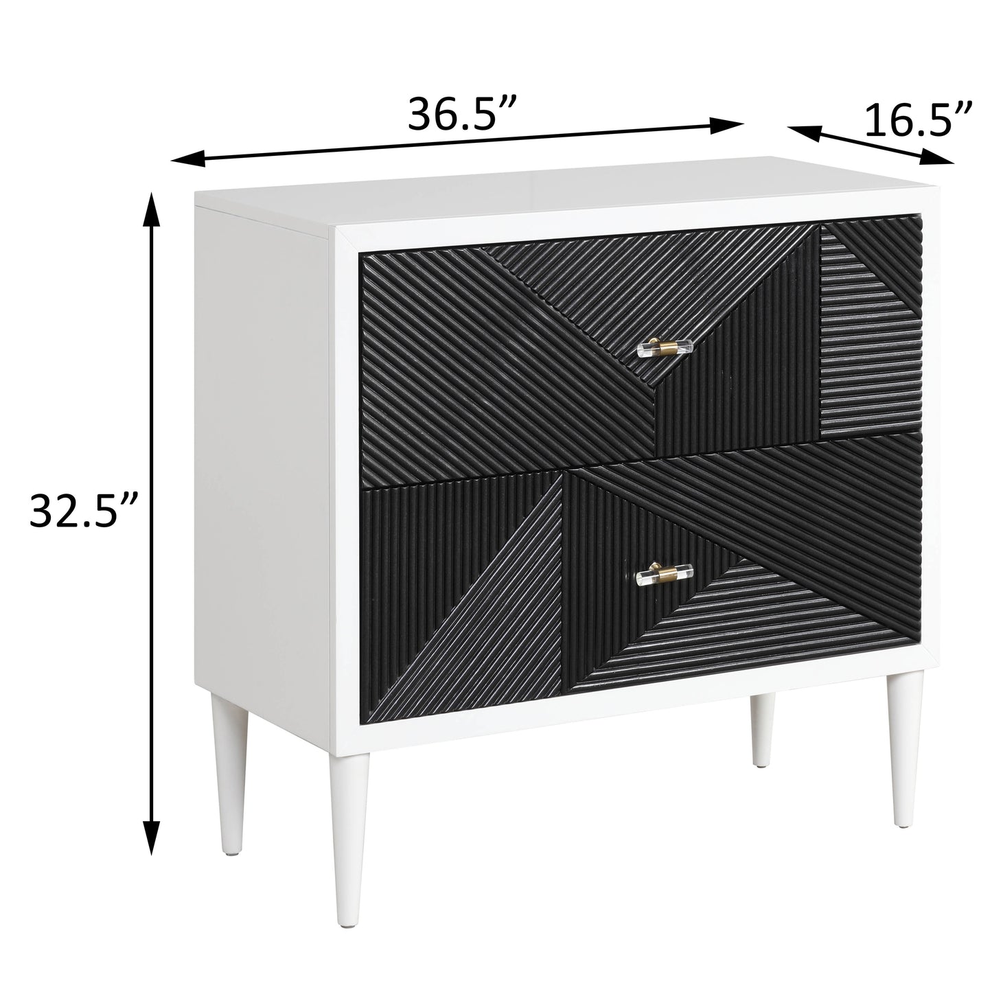 White modern twodrawer chest with geometric ribbed black fronts and clear crystal knobs