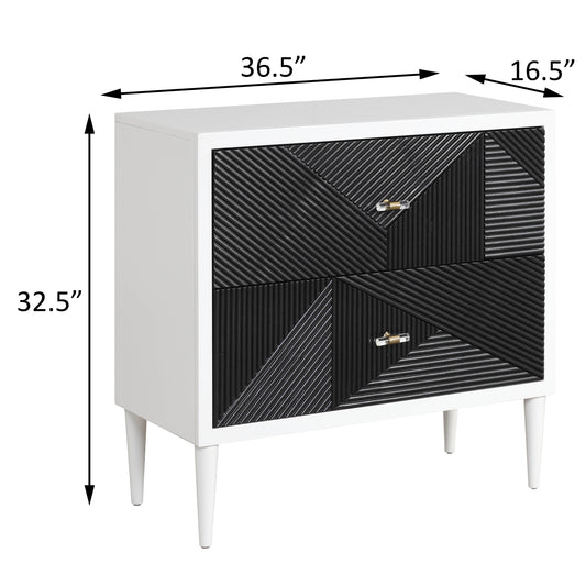 White modern twodrawer chest with geometric ribbed black fronts and clear crystal knobs