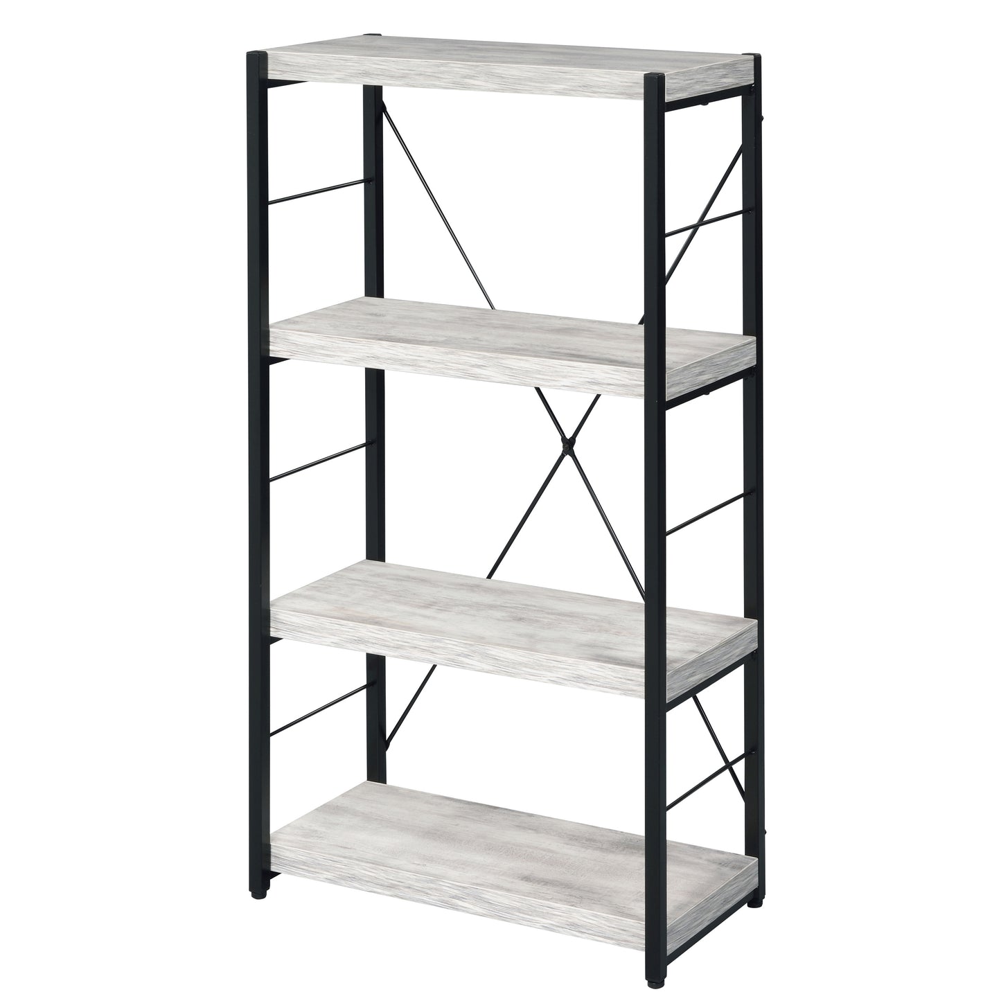 Fourtier industrial bookshelf with weathered wood shelves and black metal frame
