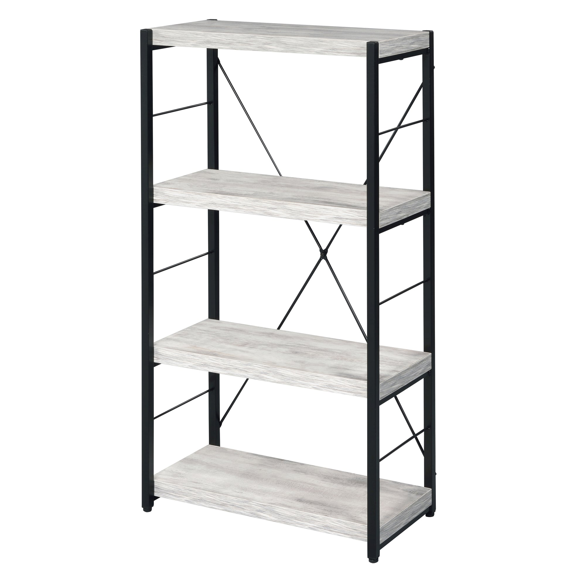 Fourtier industrial bookshelf with weathered wood shelves and black metal frame
