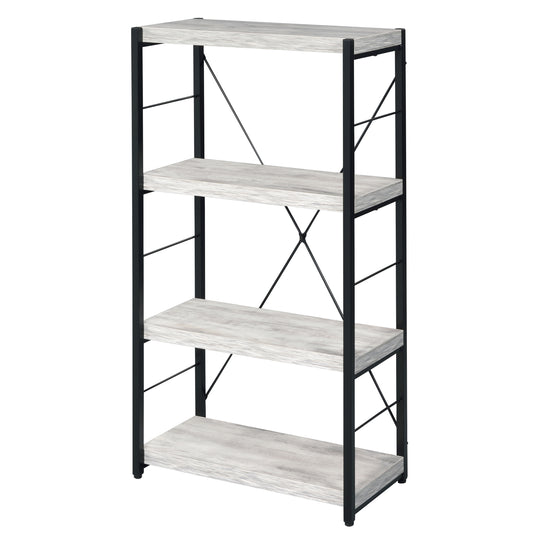 Fourtier industrial bookshelf with weathered wood shelves and black metal frame