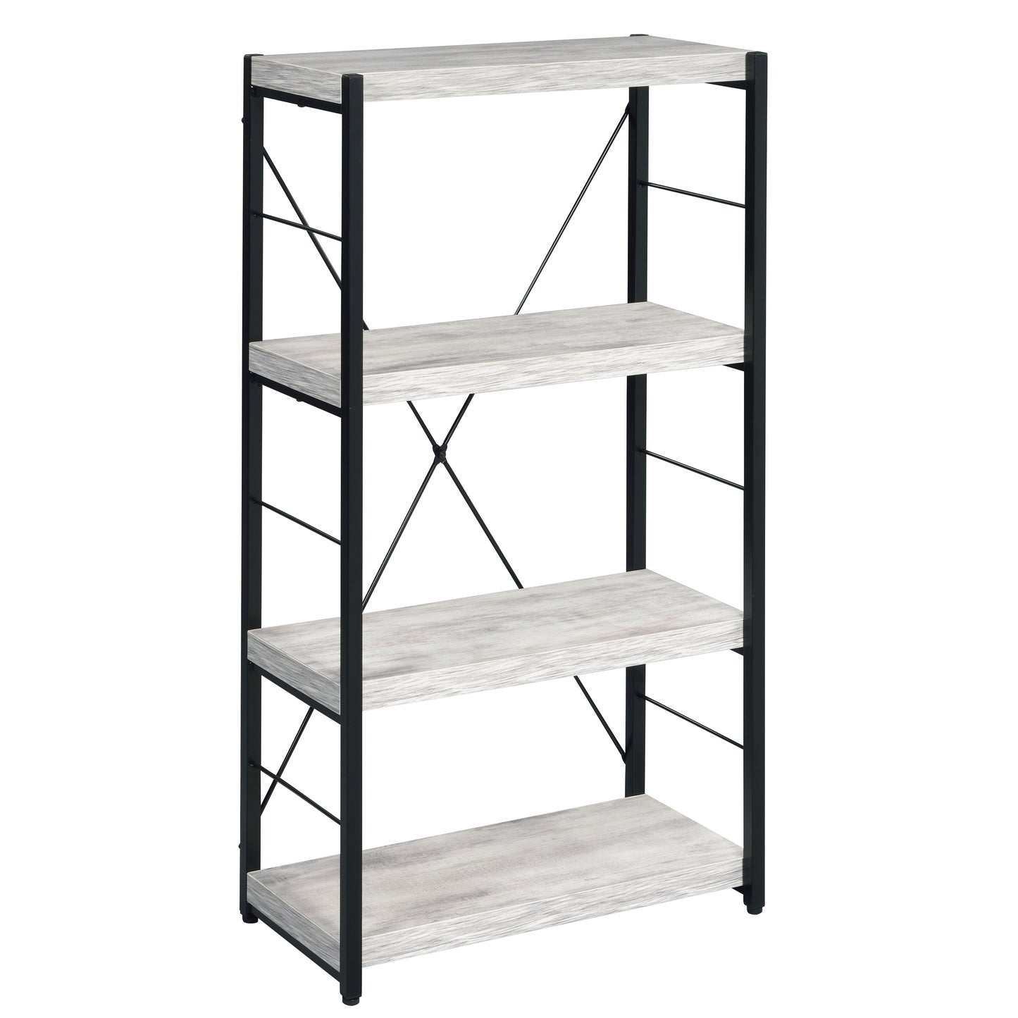 Fourshelf industrial bookshelf with distressed white wood and black metal frame