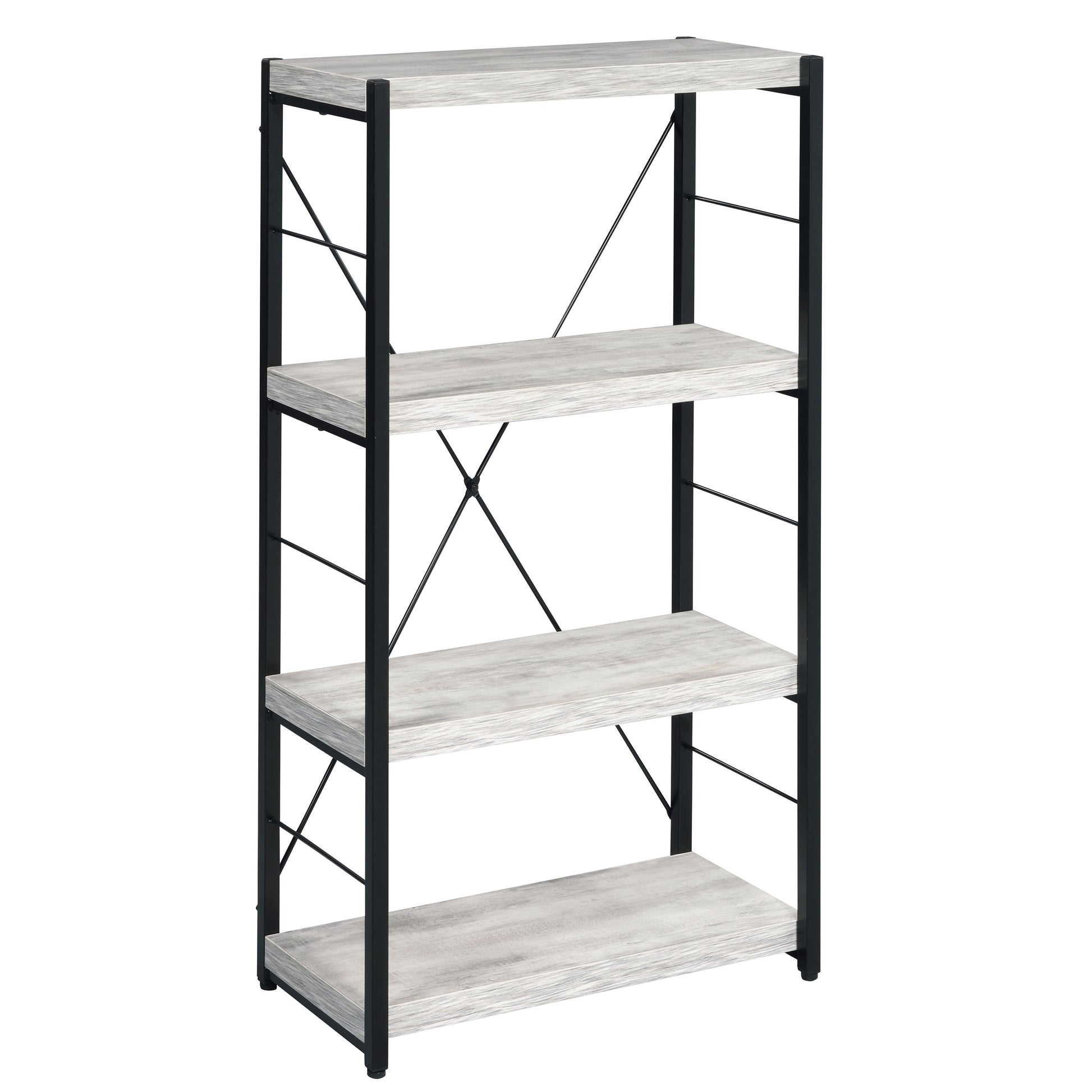 Fourshelf industrial bookshelf with distressed white wood and black metal frame