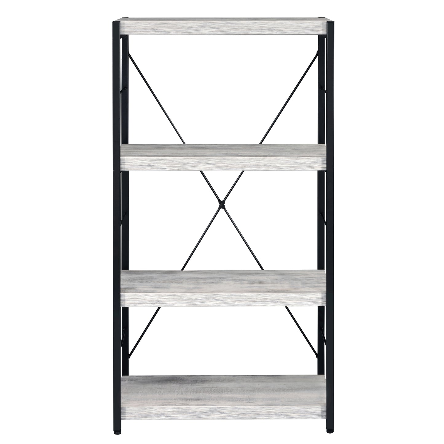 Fourshelf industrial bookshelf with light grey wood grain shelves and black metal frame