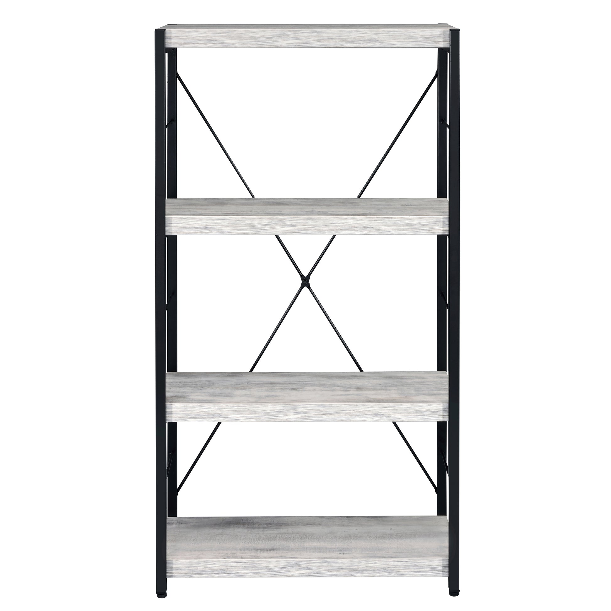 Fourshelf industrial bookshelf with light grey wood grain shelves and black metal frame