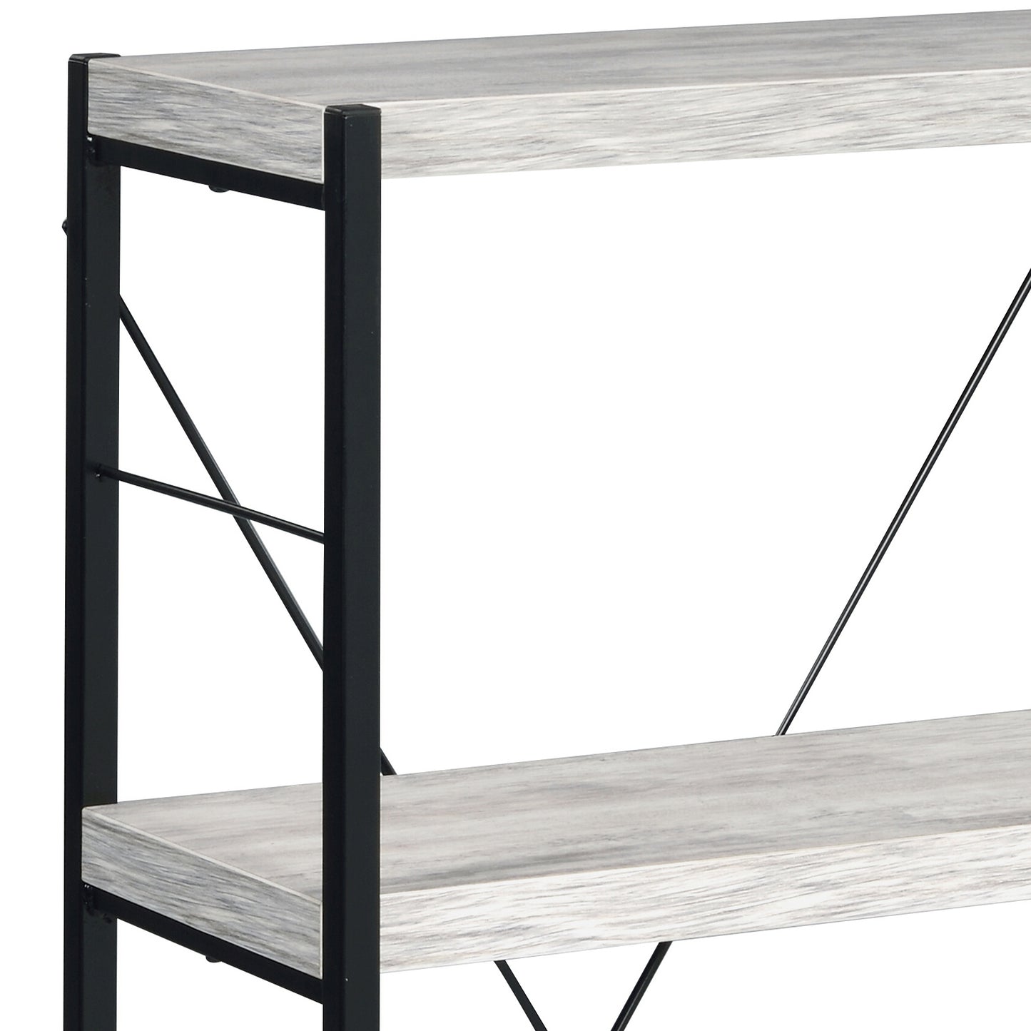 Industrial style bookshelf with distressed grey wood shelves and black metal frame