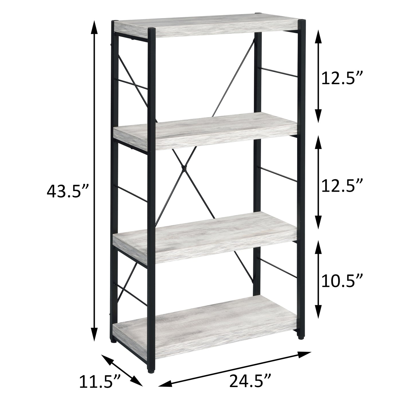 Industrial style bookshelf with distressed white wood shelves and black metal frame  H