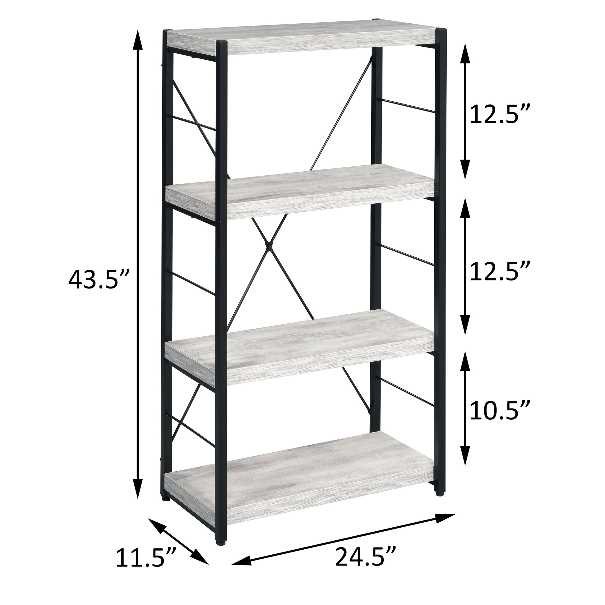 Industrial style bookshelf with distressed white wood shelves and black metal frame  H