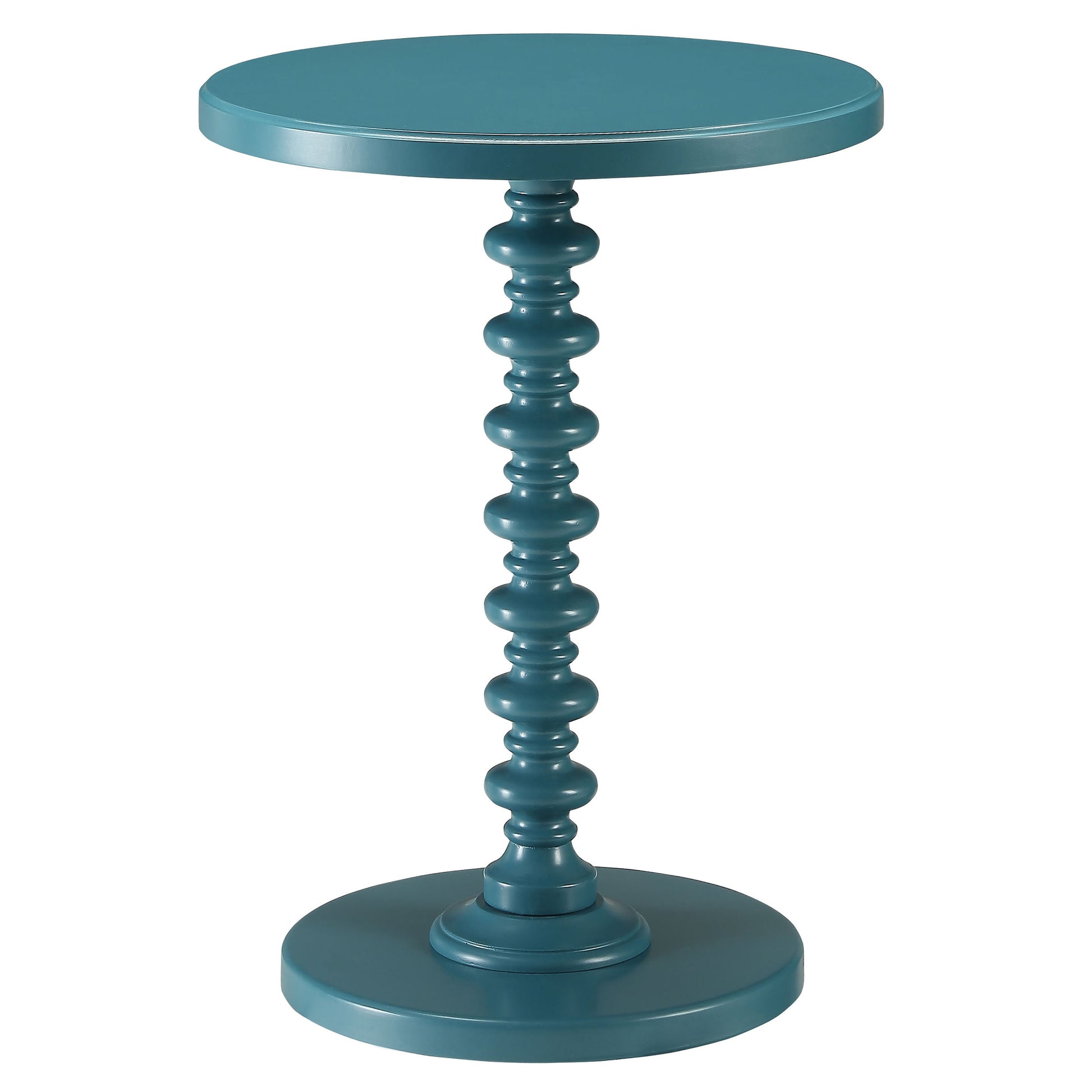 Teal pedestal side table with beaded spindle design