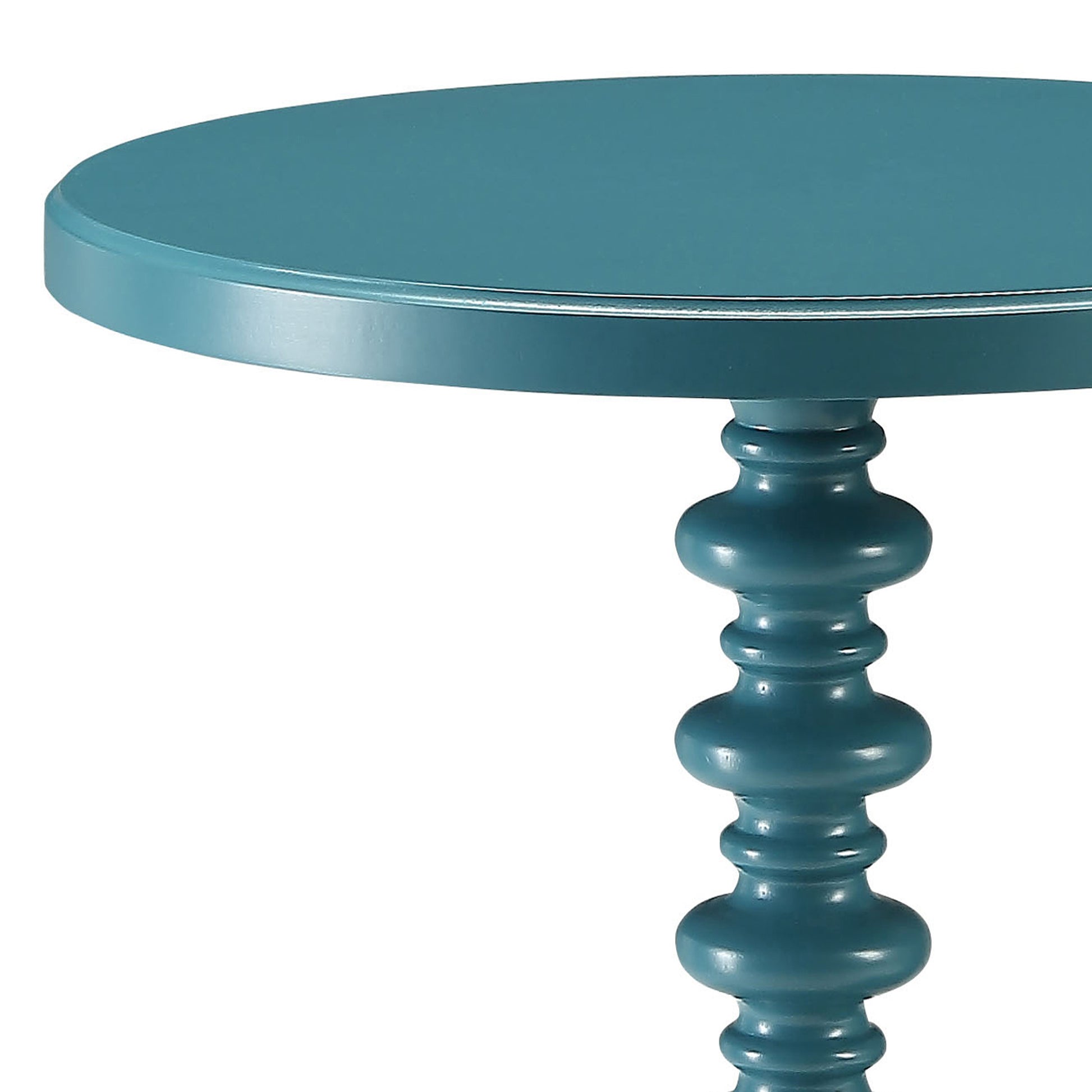 Teal round accent table with sculpted pedestal base ideal for small spaces