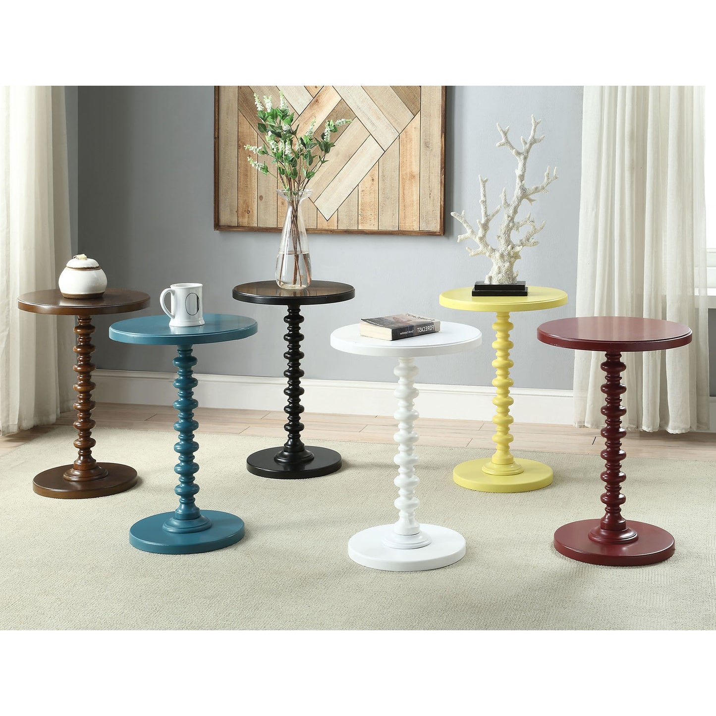 Wooden accent table with carved pedestal in rich brown finish for living rooms