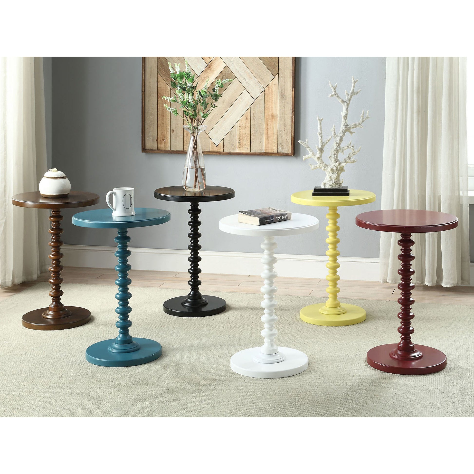 Wooden accent table with carved pedestal in rich brown finish for living rooms