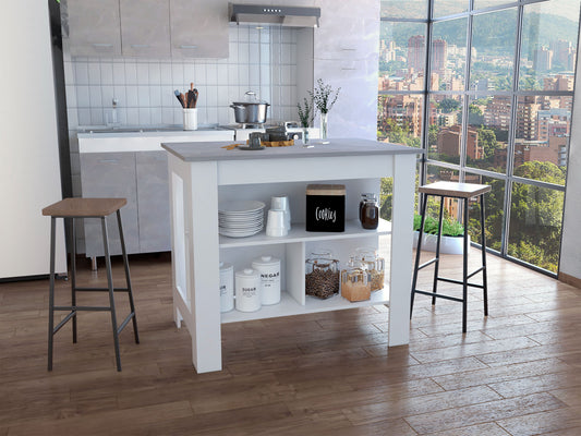 Modern white and grey kitchen island with open shelving and bar stools